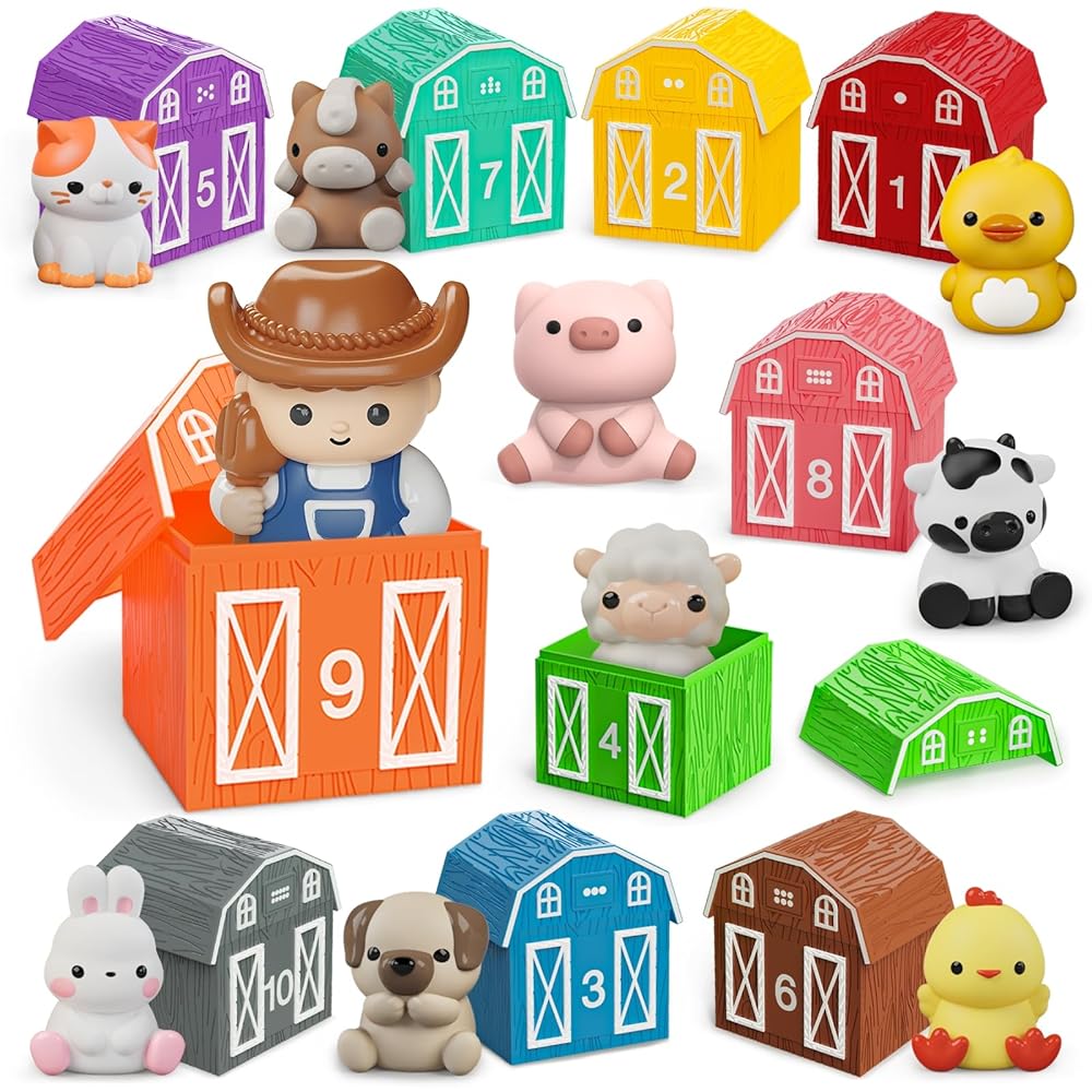 Learning Toy for Toddlers 1 2 3+ Years Old, 20 PCS Farm Animal Barn playset & Finger Puppets, Montessori toys for Kids,10 Animals & 10 Barns for Babies Boys Girls Easter Christmas Birthday Gift