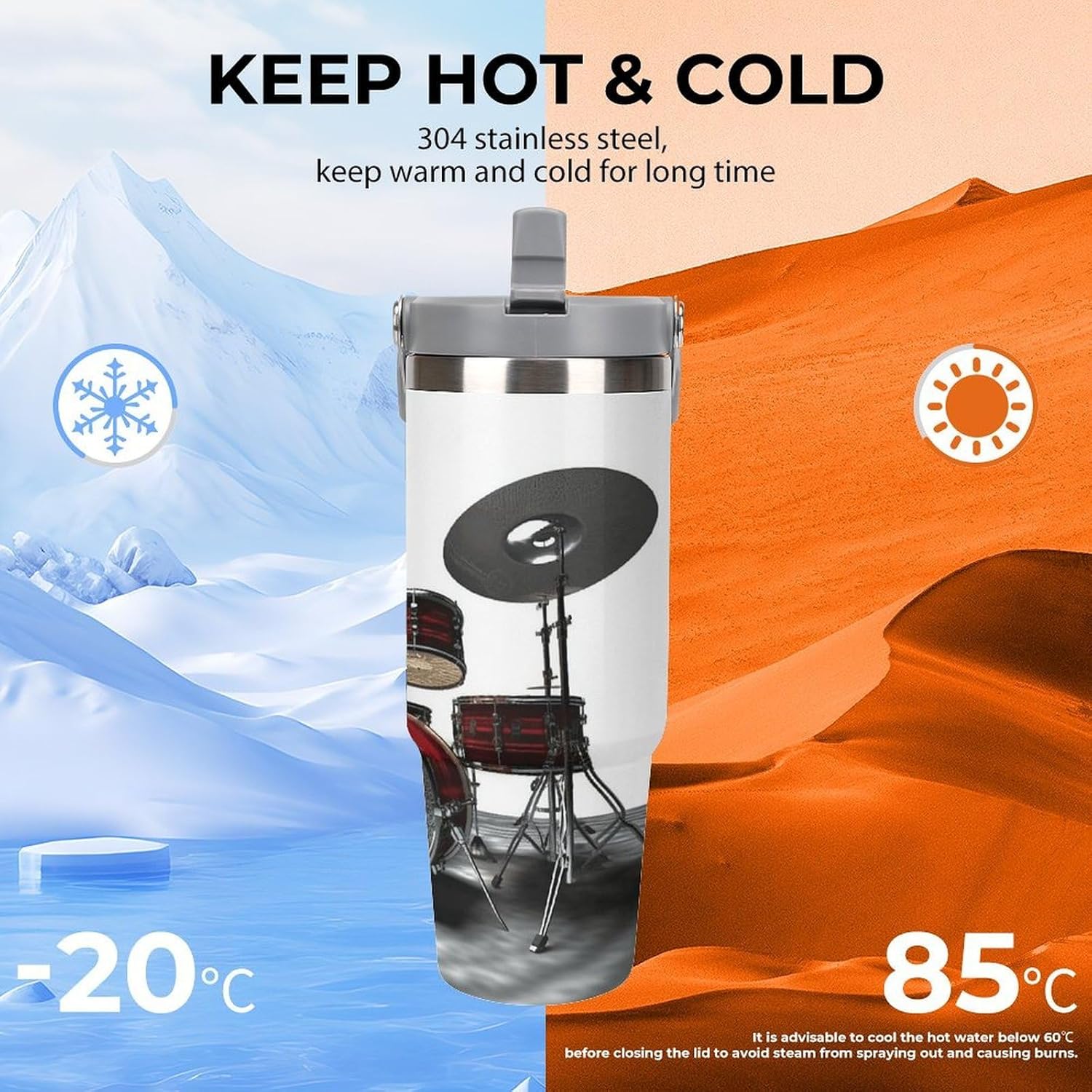 Cool Drum Set Water Bottle 30 Oz Fits Car Cup Holder,Insulated Coffee Mug Large Capacity Car Cups,Stainless Steel Double Wall Sport Bottle for Travel Sports Gym