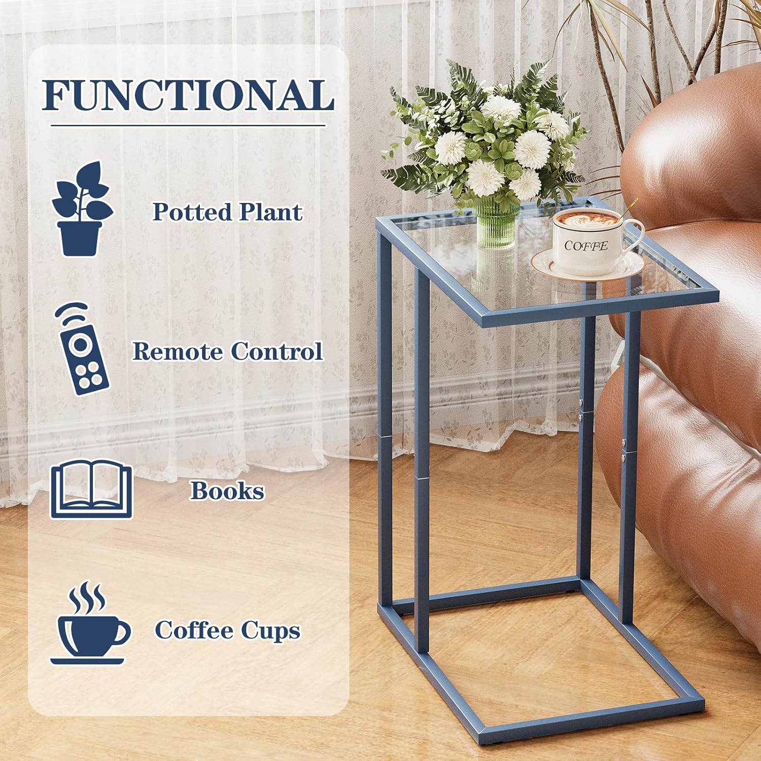 Easy Paws C Table End Table Set of 2, Glass Couch Side Table, Tempered Glass Snack Table with Metal Frame, TV Tray Table for Small Space, Sofa Couch Side Tableand Bed Side Table(Blue)