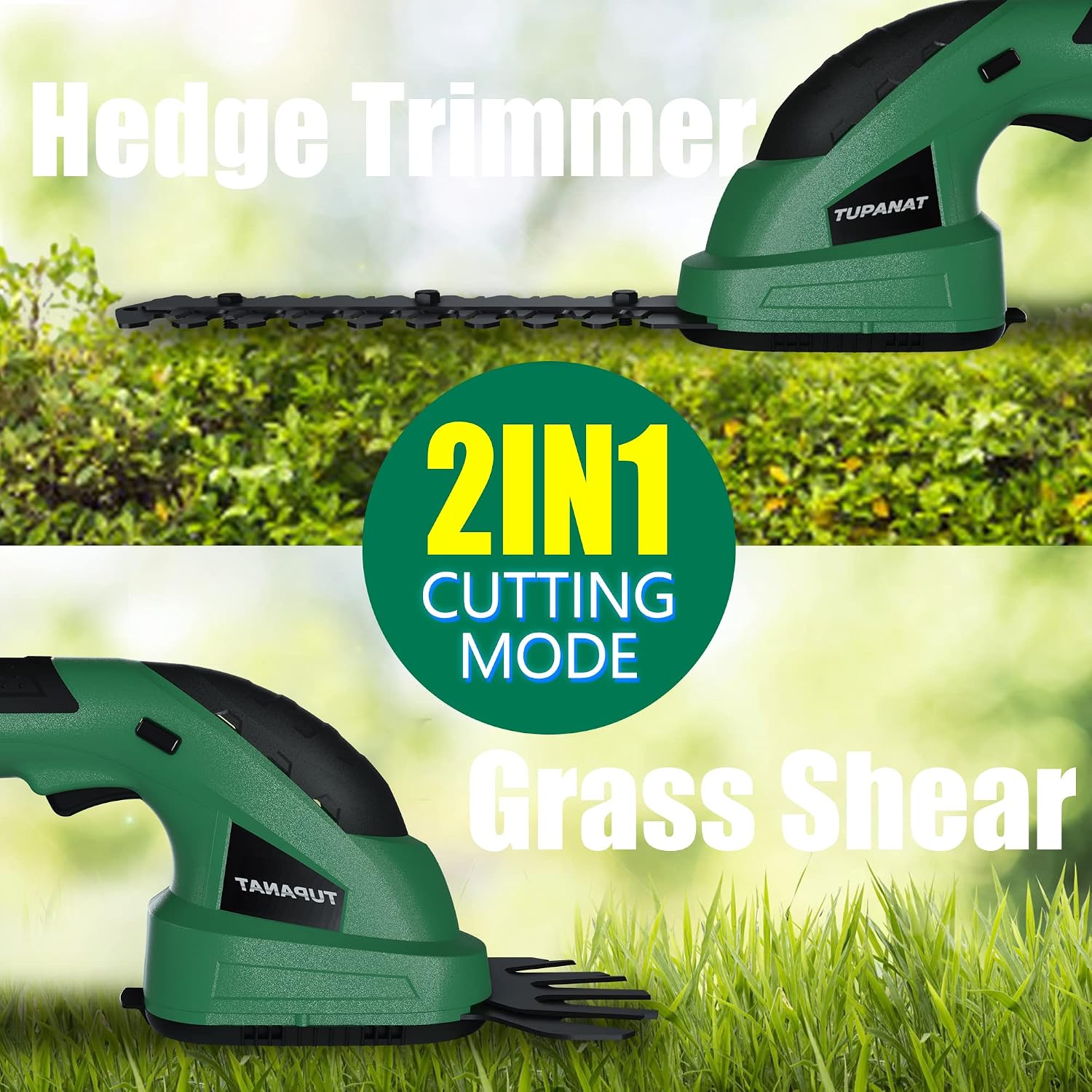 Cordless Grass Shear & Hedge Trimmer 2-in-1 Handheld Grass Cutter Hedge Cutter 7.2V Electric Grass Clippers Shrubbery Trimmer with Safety Lock Rechargeable Battery and Charger for Yard/Garden/Lawn.