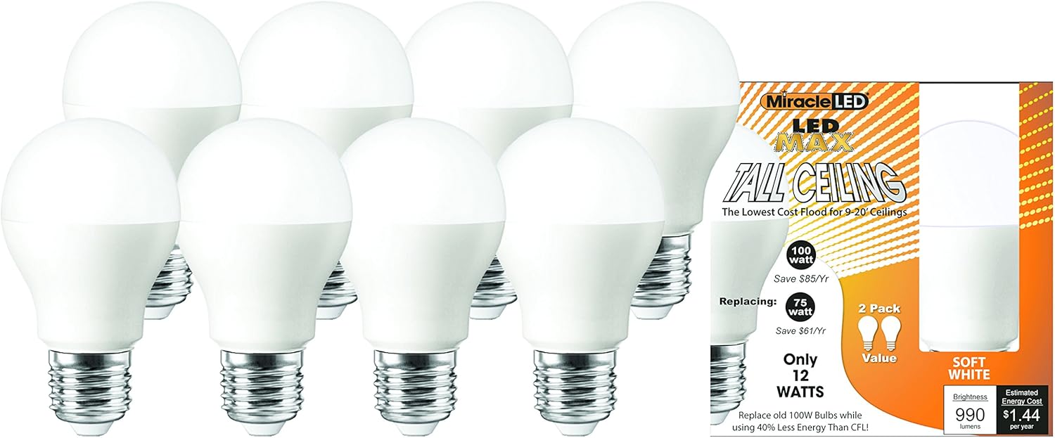 MiracleLED 604987 Max Tall Ceiling, Replaces 100W Light Bulbs in 9' - 20' Ceilings, 12W Soft White 8 Pack