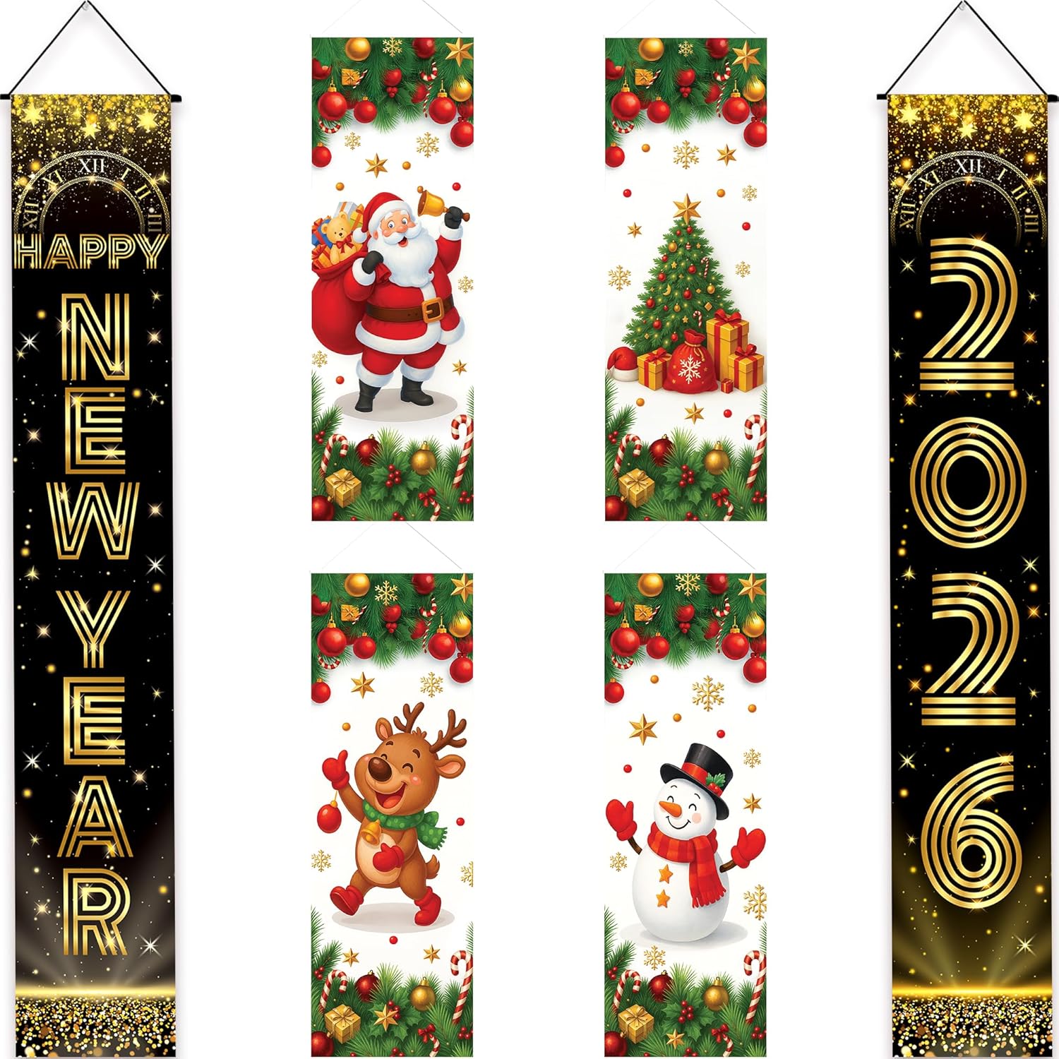 KatchOn, Pack of 6, Christmas Banners Set | Holiday Portrait Banners For Christmas Decorations Featuring Santa Claus with Happy New Years Door Banner 2026 | HNY Banner 2026