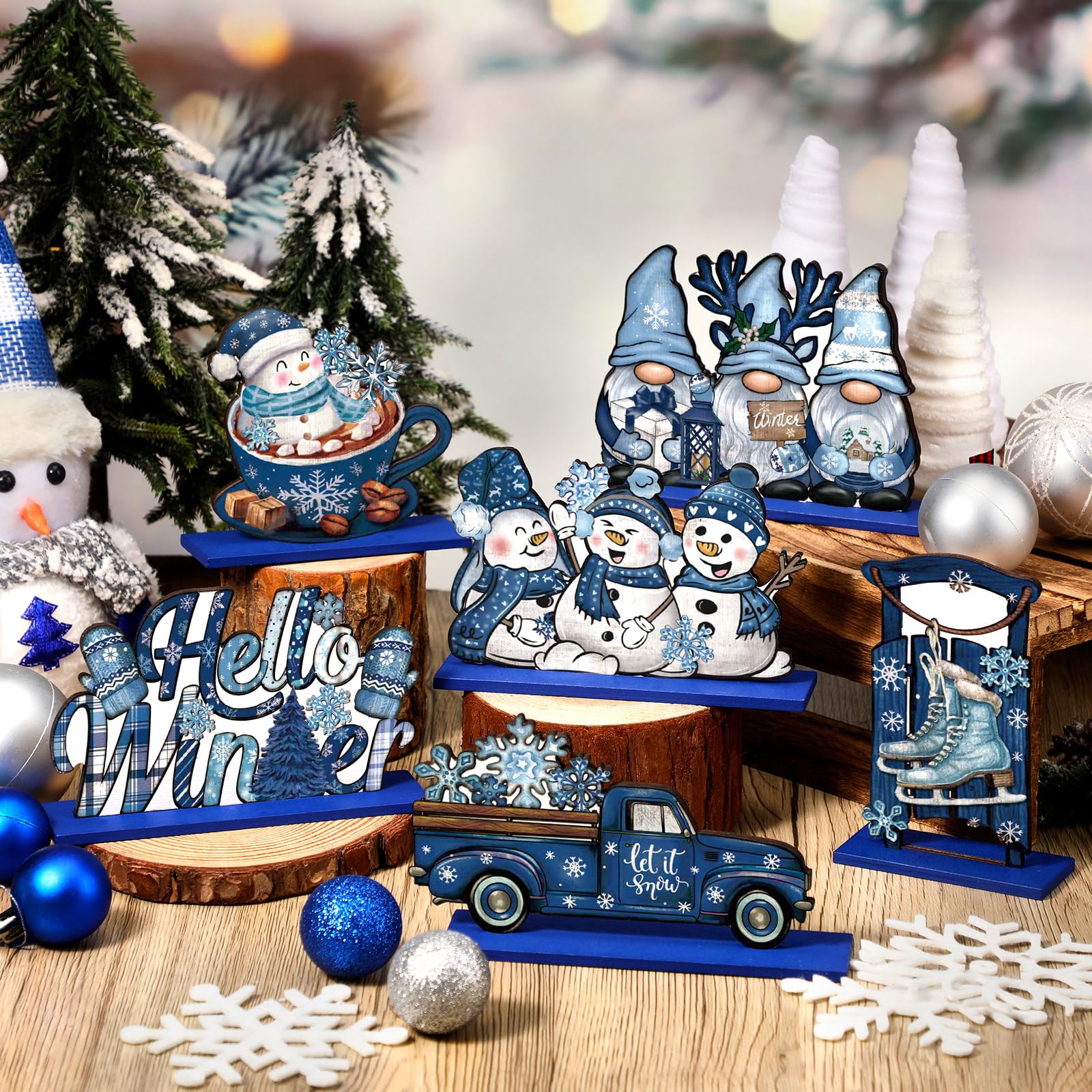 Realspring 6 Pcs Wooden Winter Table Decor Blue Winter Tiered Tray Decor Wood Decorative Gnome Snowman Truck Signs Hello Centerpieces for Kitchen Office Home