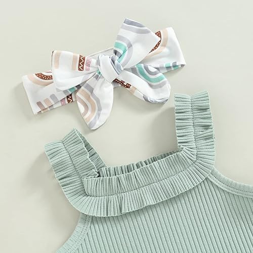 Miniatura 4 de TheFound Trajes de verano para niñas pequeñas, sin mangas, de punto acanalado, halter, pantalones cortos, ropa para recién nacidos, conjunto de 3