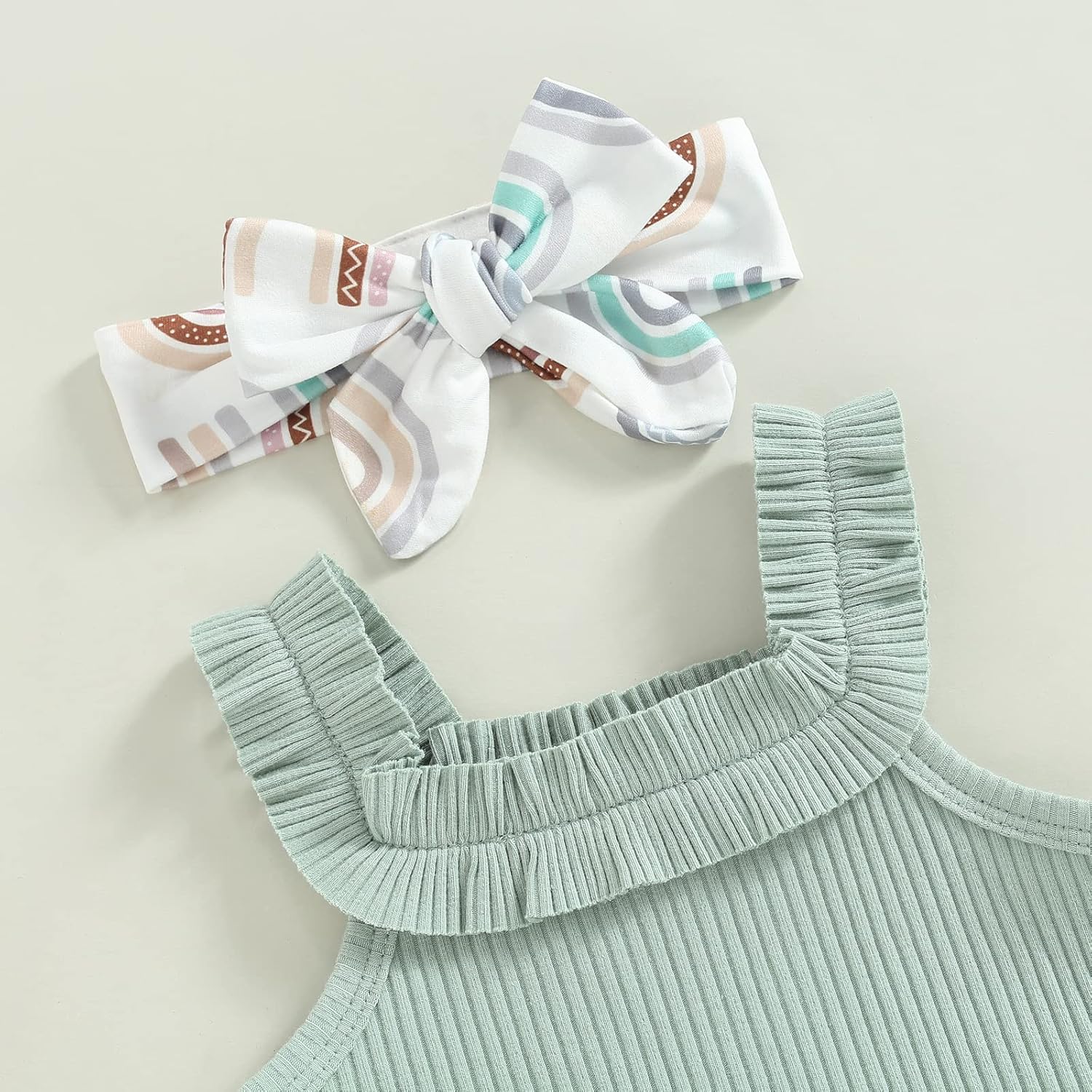 Miniatura 4 de Trajes de verano para niñas pequeñas, sin mangas, de punto acanalado, halter, pantalones cortos, ropa para recién nacidos, conjunto de 3 piezas