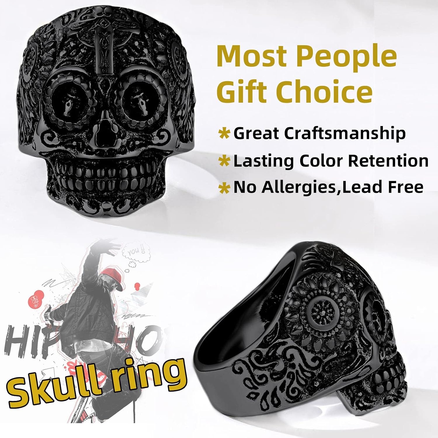 Sugar Skull Rings for Men Women, Stainless Steel Two Tone Mens Biker Ring Halloween Jewelry Day of the Dead Memory Jewelry For Death, Gift Box Included