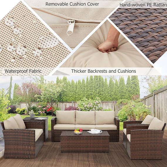 AECOJOY 7 PCS Patio Furniture Set with Two Storage Boxes&Patio Set Cover, Outdoor Rattan Conversation Set, PE Wicker Sectional Sofa Outdoor Furniture, Brown Rattan&Beige Cushions