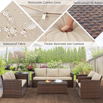 AECOJOY 7 PCS Patio Furniture Set with Two Storage Boxes&Patio Set Cover, Outdoor Rattan Conversation Set, PE Wicker Sectional Sofa Outdoor Furniture, Brown Rattan&Beige Cushions