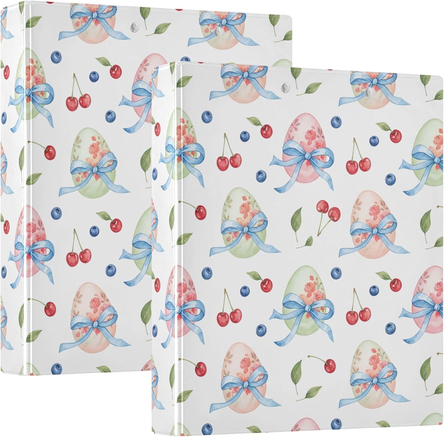 Easter Eggs and Bows 3 Ring Binders, 1.5” Round Ring Binders with Clipboard - Letter Size, 3 Interior PVC Clear Pockets & Anti-Slip Clip for Office School Supplies, 2PCS