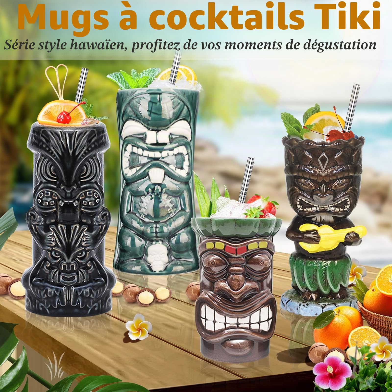 Lot de 4 grands verres Tiki en céramique pour cocktails tropicaux hawaïens et exotiques mignons