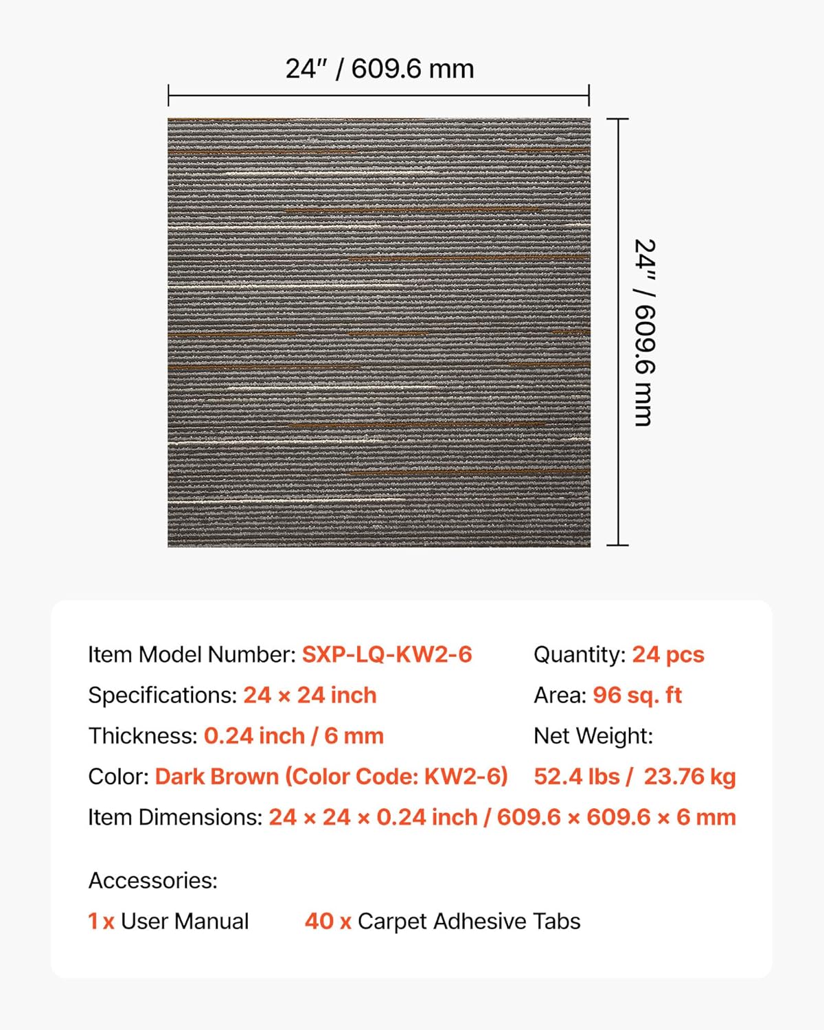 VEVOR Carpet Tiles Reusable 24x24 inch, 24 PCS Modular Carpet Square Rug, Commercial Floor Soft Padded for Seamless Cover 96sq.ft, Easy DIY for Living Room Bedroom Office Indoor,Dark Brown