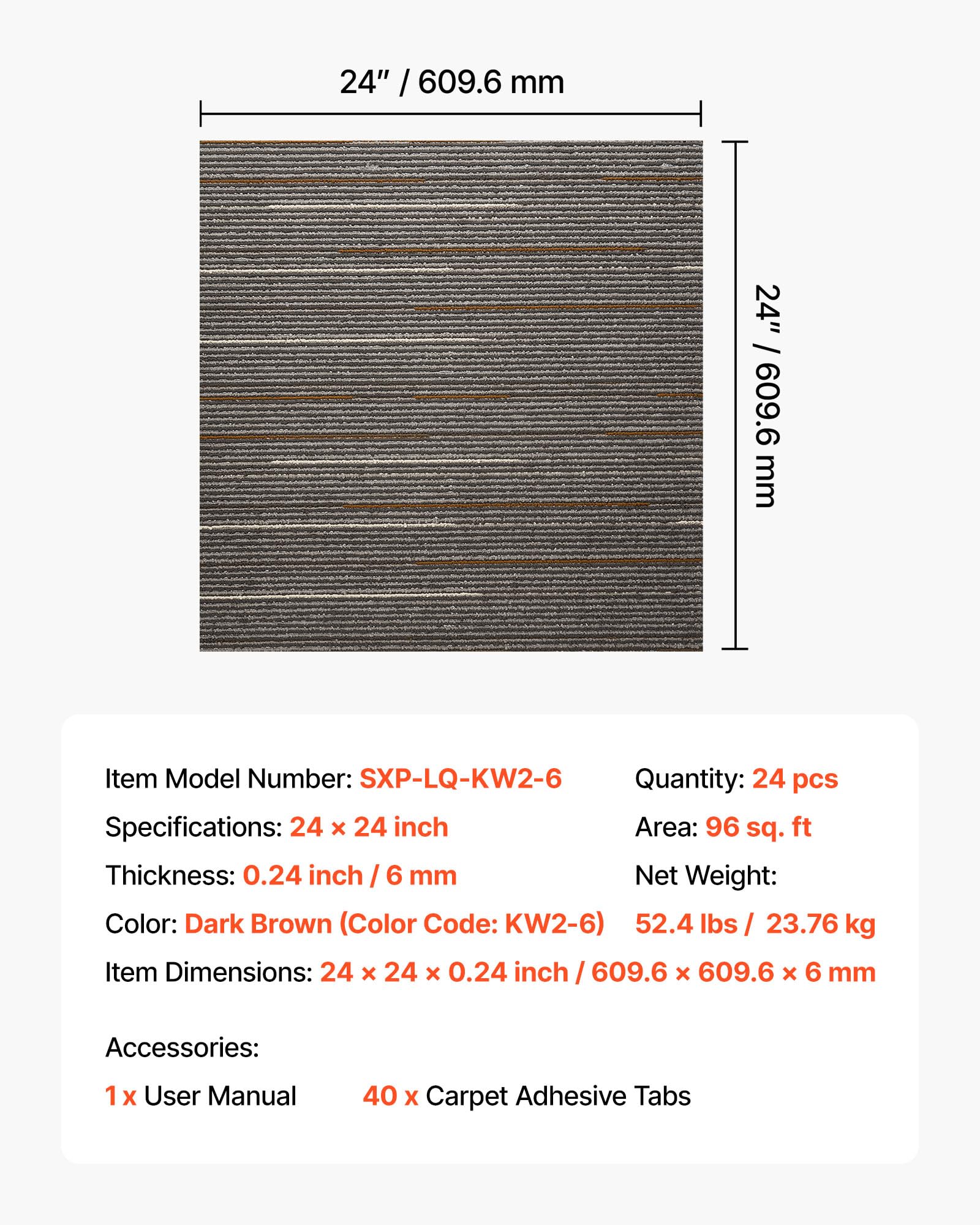 VEVOR Losetas de Alfombra, 609,6 x 609,6 x 6 mm, Suelo de Moqueta Modular de 9 m², Fácil de Instalar y Reemplazar, para Apartamentos, Oficinas, Propiedades de Alquiler, Marrón Oscuro, 24 uds