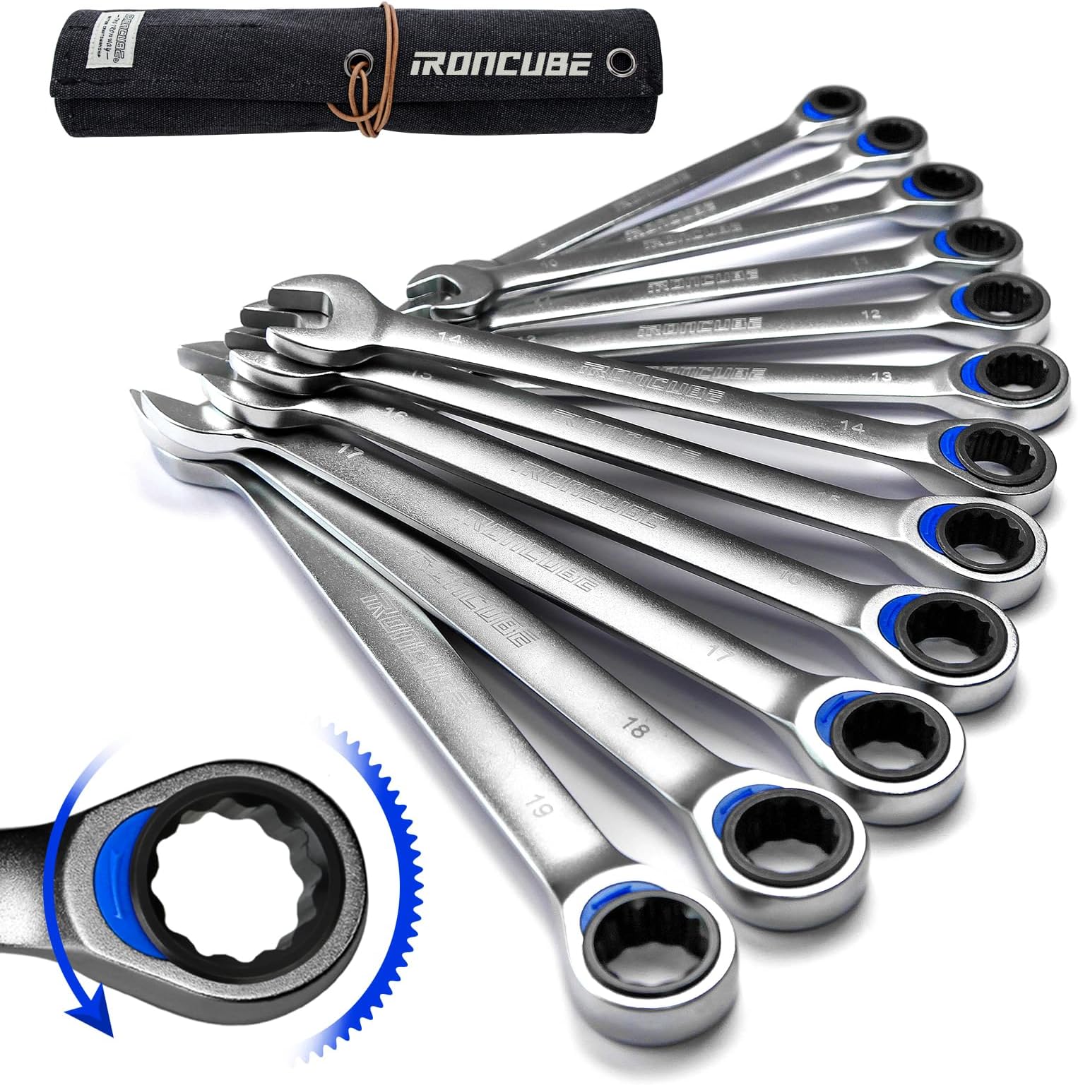 ironcube Fixed Ratcheting Wrench Set, 12-Piece Metric 8-19mm, With Rolling Up Pouch For Auto Repair Or Home Improvement Tools