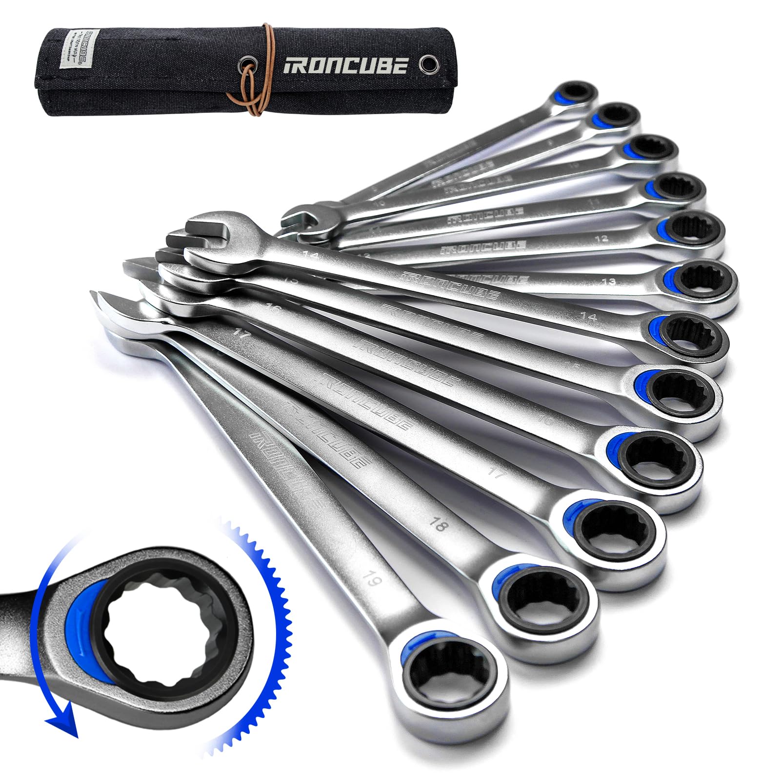 ironcube Fixed Ratcheting Wrench Set, 12-Piece Metric 8-19mm, With Rolling Up Pouch For Auto Repair Or Home Improvement Tools
