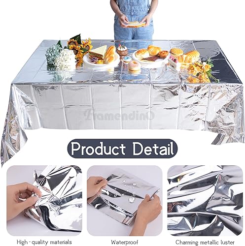 Miniatura 3 de Framendino, Paquete de 12 manteles de plástico desechables de papel de aluminio plateado de 54 x 108 pulgadas, manteles metálicos de alta calidad