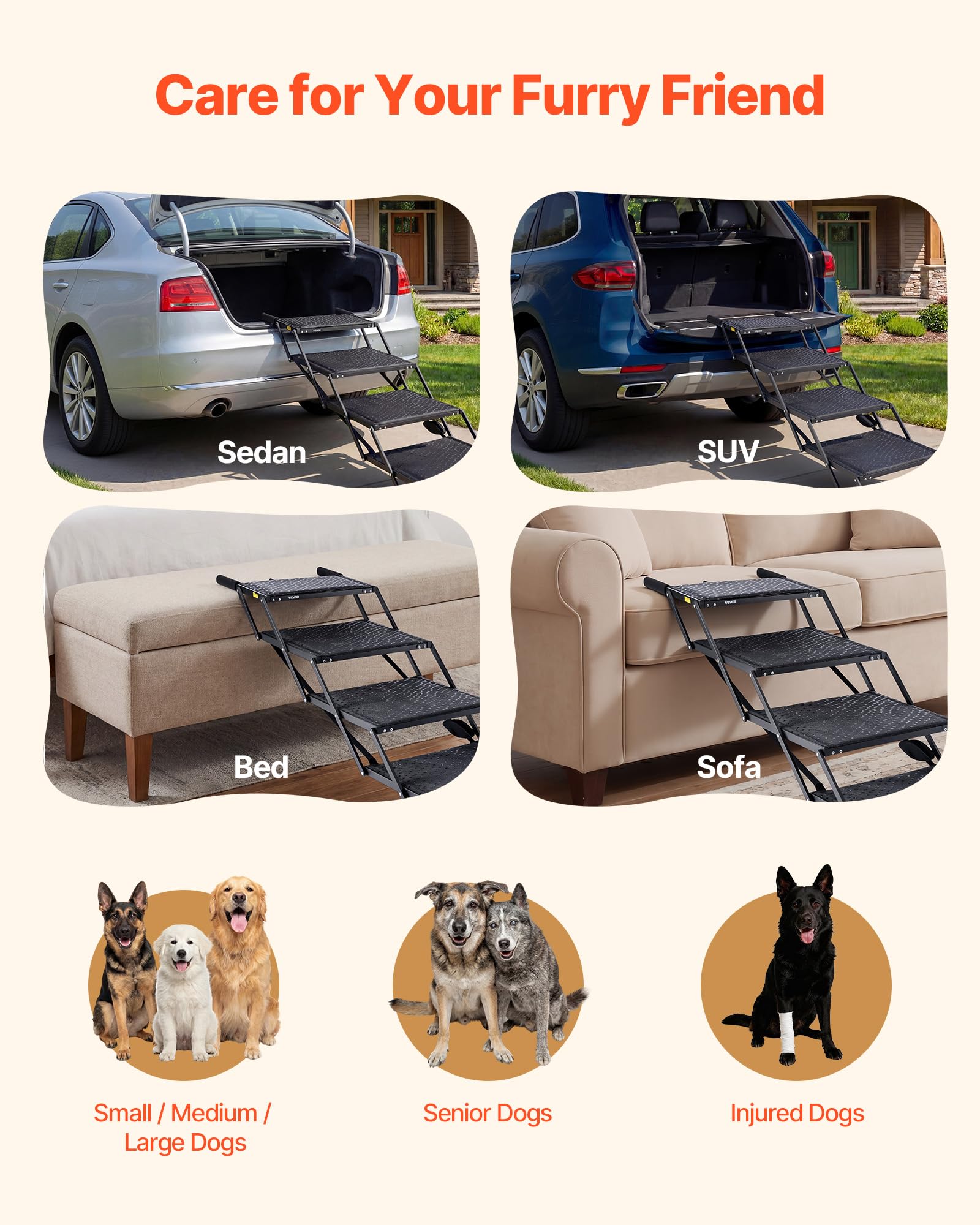 VEVOR Scaletta Pieghevole per Auto per Cani Animali Domestici, Scala Pieghevole a 4 Gradini per SUV Camion Letti Divani per Animali Domestici Carico max 113,4 kg Superficie Antiscivolo Extra Large