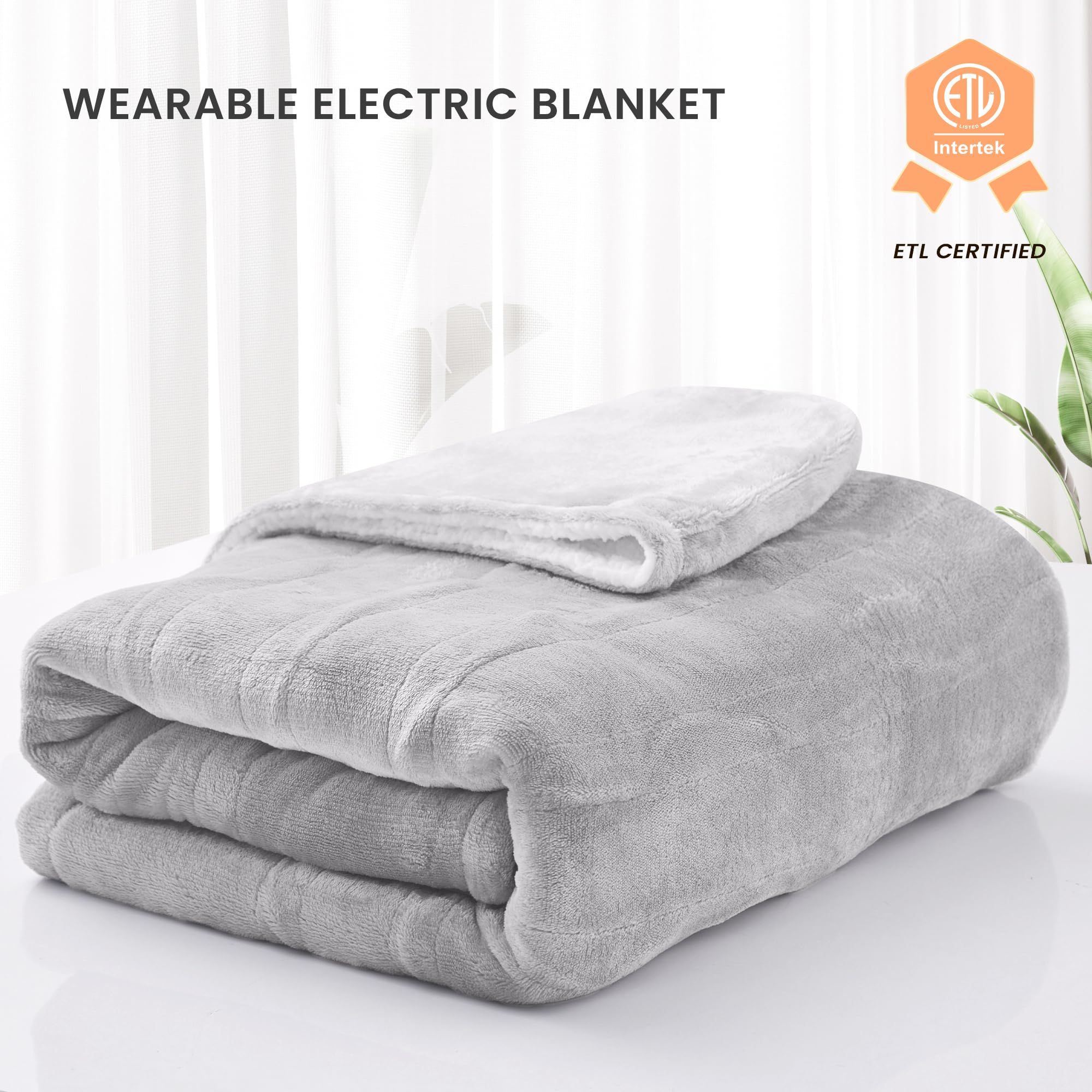 YILOTE Electric Blanket Wearable Throw - Robe with Sleeves and Foot Pockets - 7-Level Heating Auto-Off Blanket for Adults: Light Grey 40*70