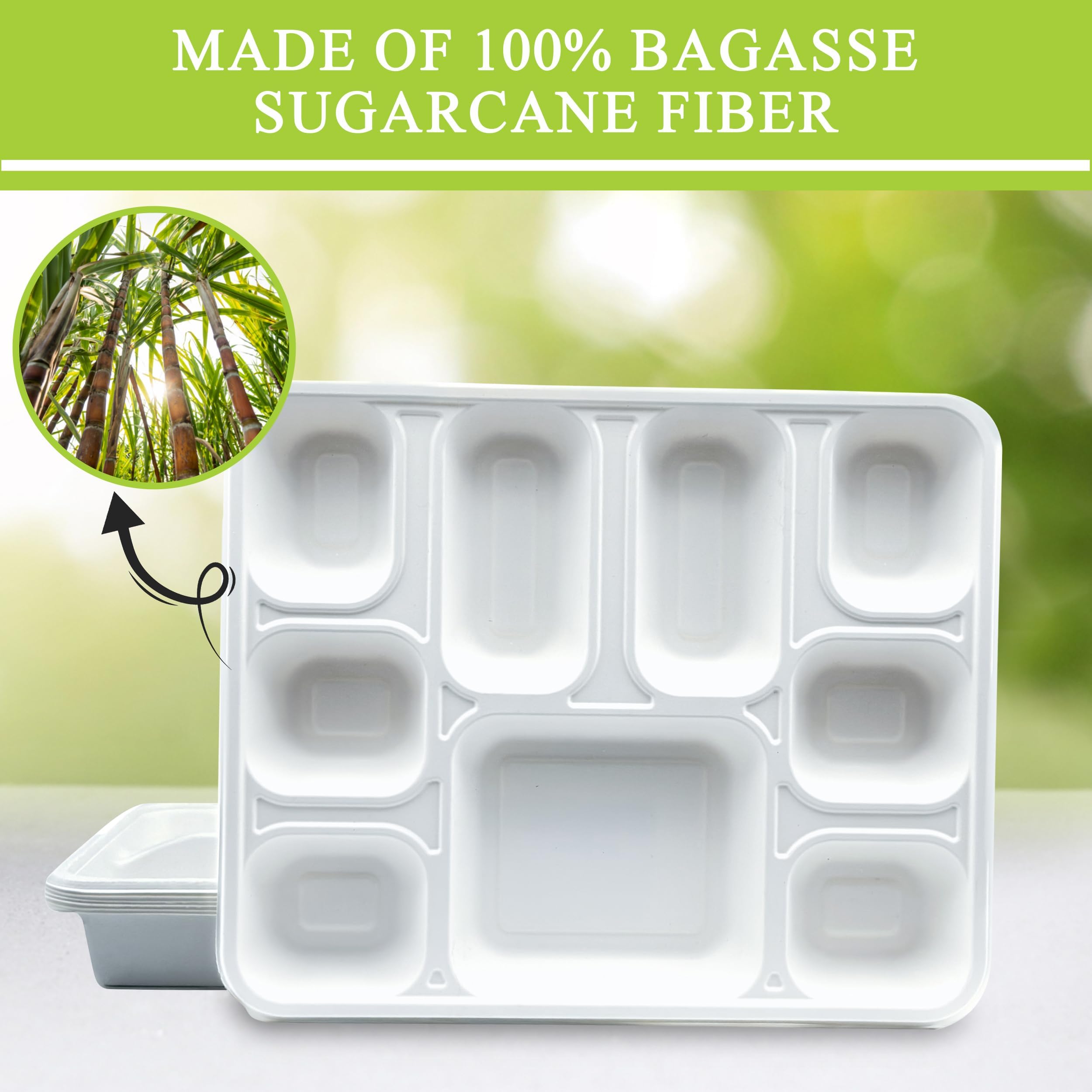 Three Leaf Piastre rettangolari in bagassa a 9 scomparti, 200 ct, resistenti, naturali, ecologiche, 100% biodegradabili, 9 scomparti
