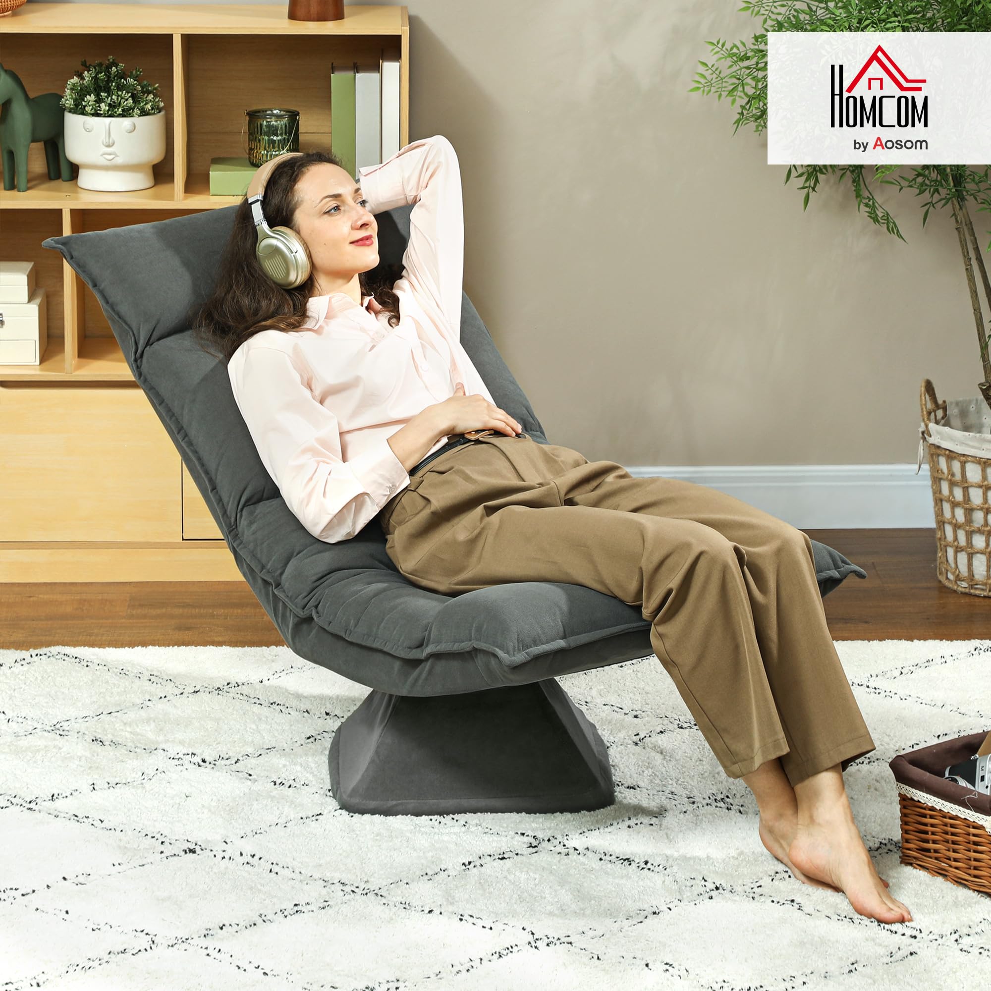 HOMCOM Chaise de Sol Pivotante à 360°, Fauteuil Pliable en Velours avec Dossier Réglable 5 Positions, Chaise Méditation Rembourrée pour Salon, Gaming et Lecture, Gris Foncé
