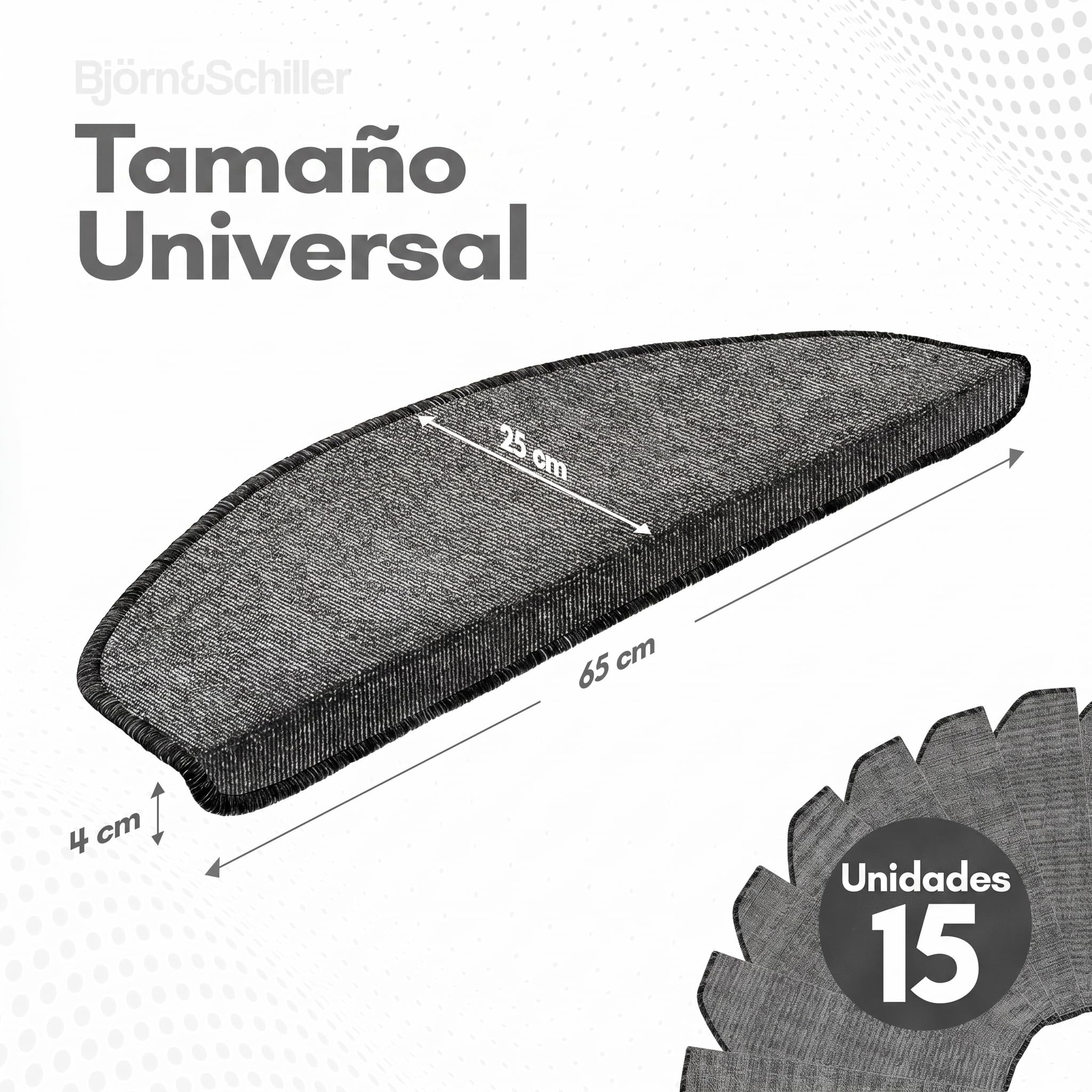 Björn&Schiller Alfombrillas para escaleras, Set de 15 peldaños autoadhesivos, Alfombrillas Antideslizantes para escaleras, moqueta para peldaños, Forma semicircular, Alfombra Escalera, Gris