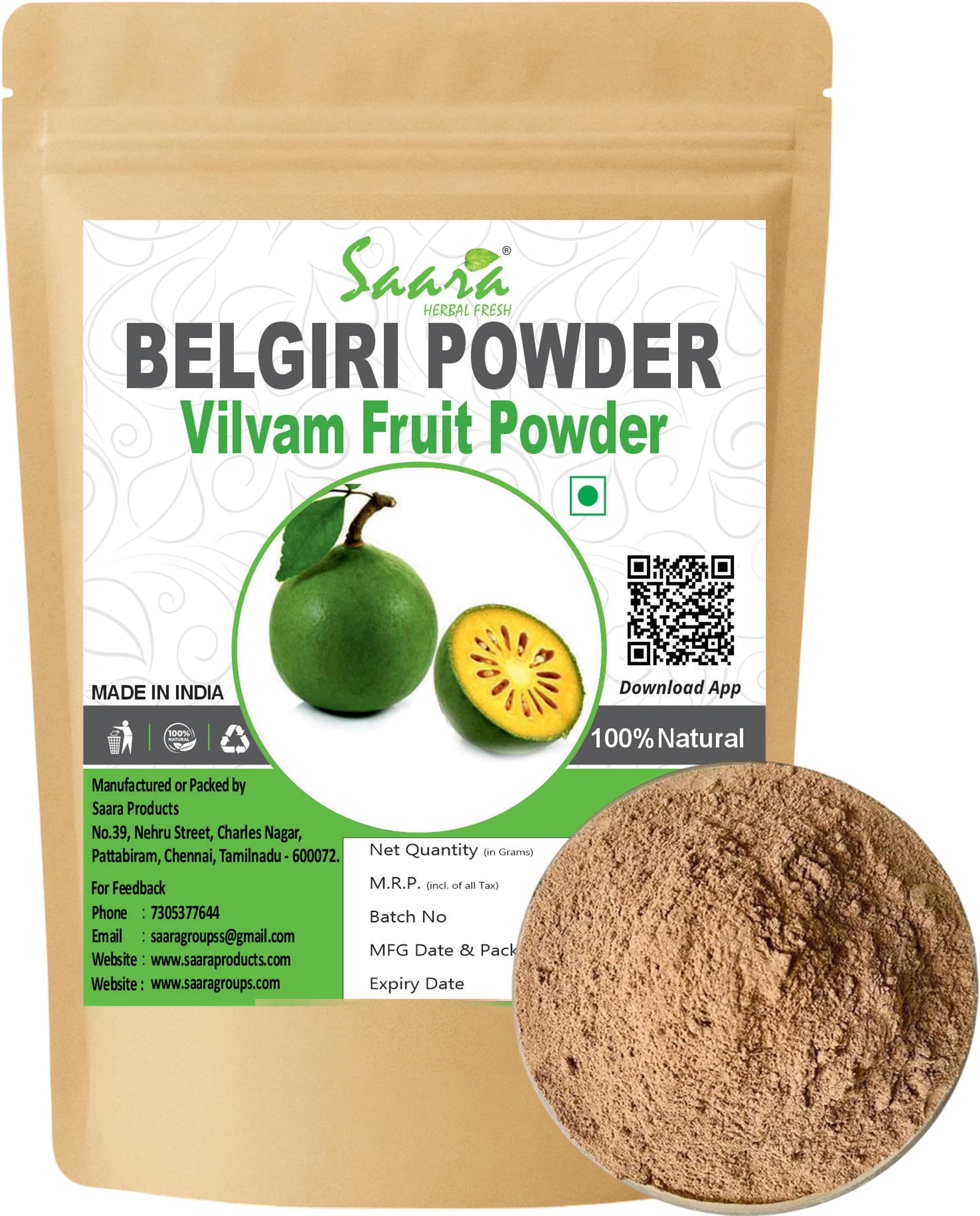 Saara HERBAL FRESH Vilvam Palam Powder,Belgiri, Bael, Aegle Marmelos, Bilva, Kuvalam Powder, 100g