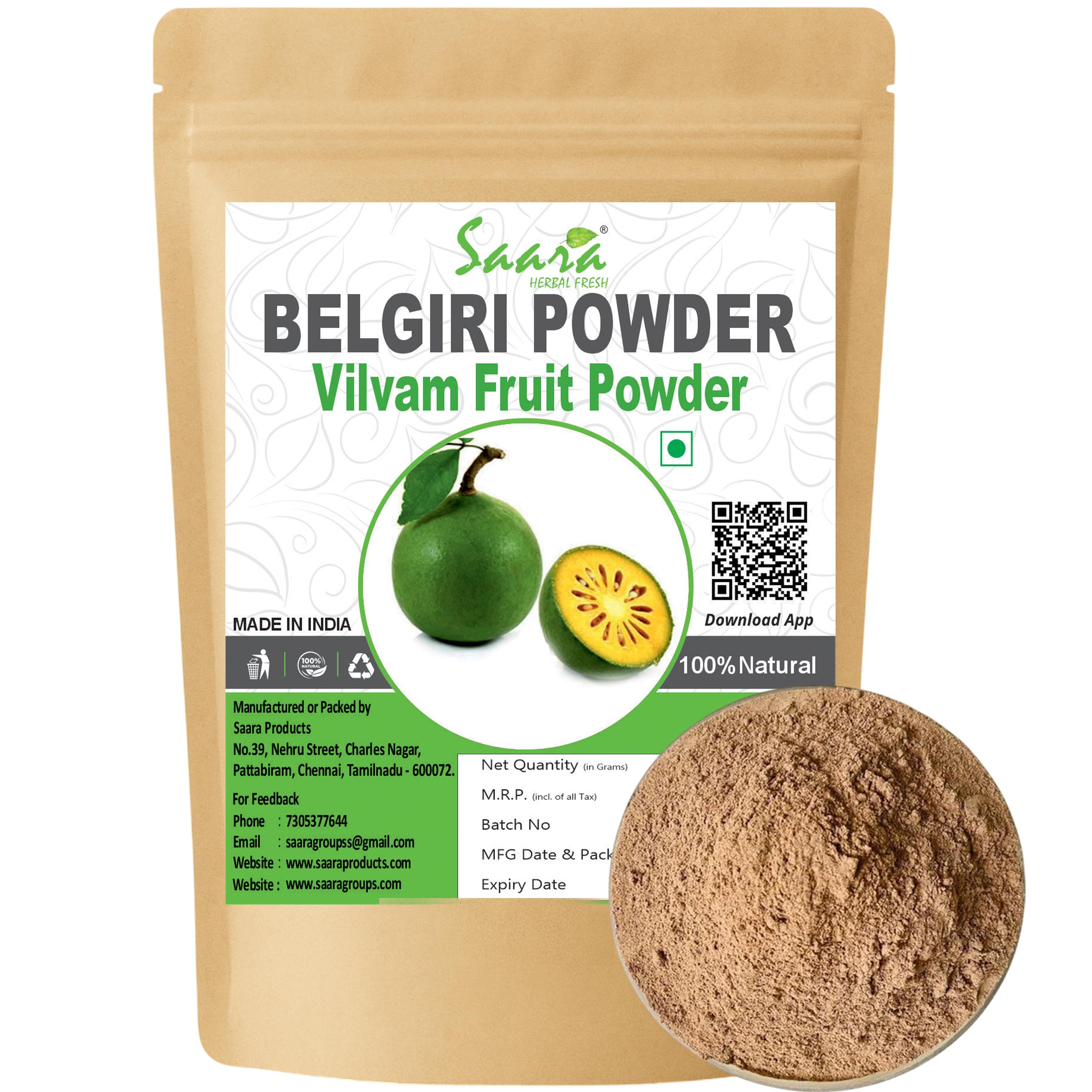 Saara HERBAL FRESH Vilvam Palam Powder,Belgiri, Bael, Aegle Marmelos, Bilva, Kuvalam Powder, 100g