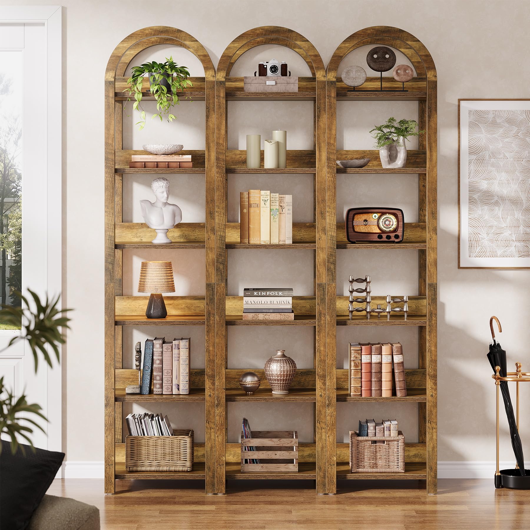 Tribesigns Estantería de 6 Niveles Alta 180 cm Pulgadas, Arqueado Madera Estantería Eelgada con Estantes de Almacenamiento Abiertos, Estante de Esquina para Sala, Oficina, Dormitorio