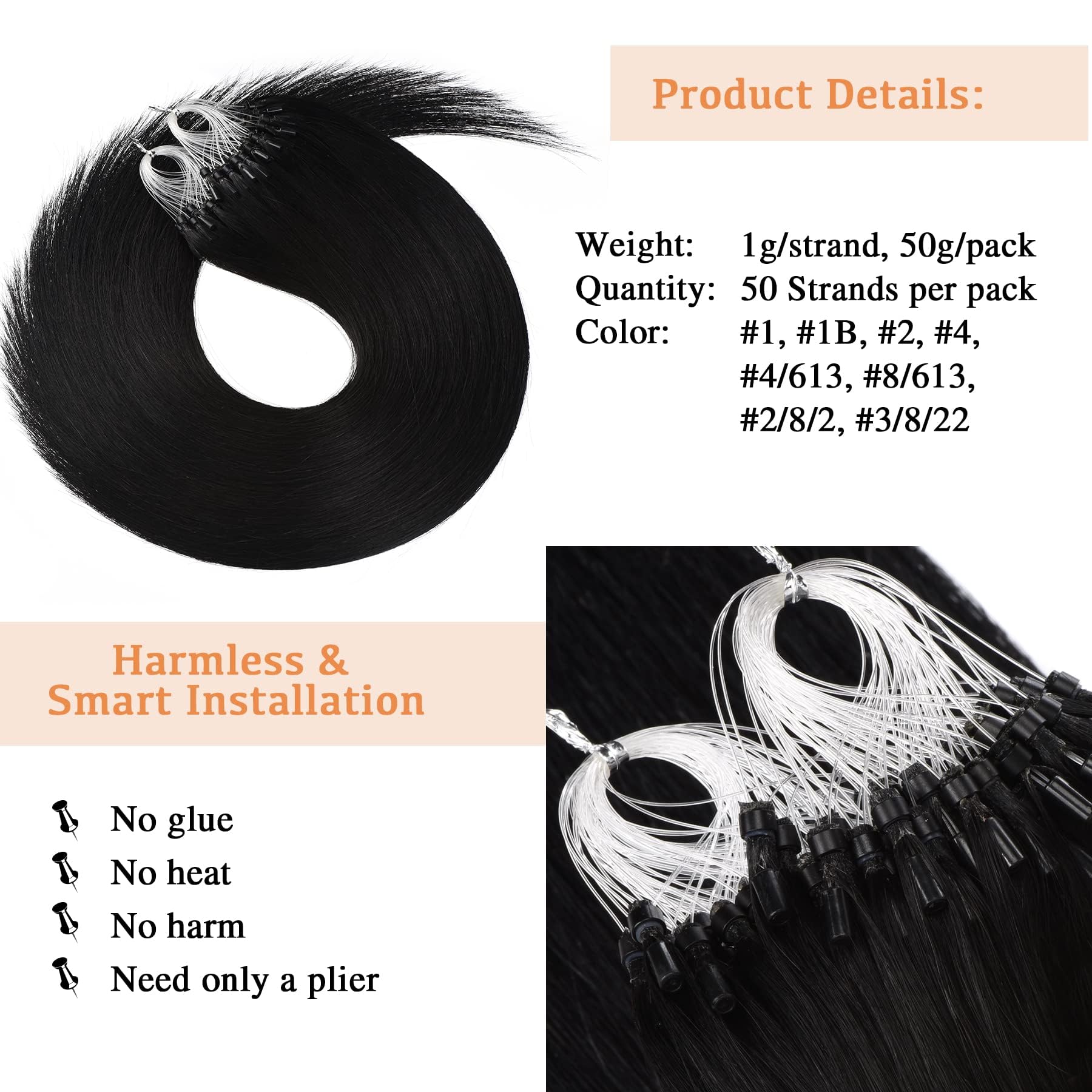kun na Hair Micro Beads Hair Extensions Real Human Hair Ring Extension 1g/Strand 50s/Pack Silky Straight Pre-Blonded Loop Hair Extensions -20 inch-#1 - Image 2