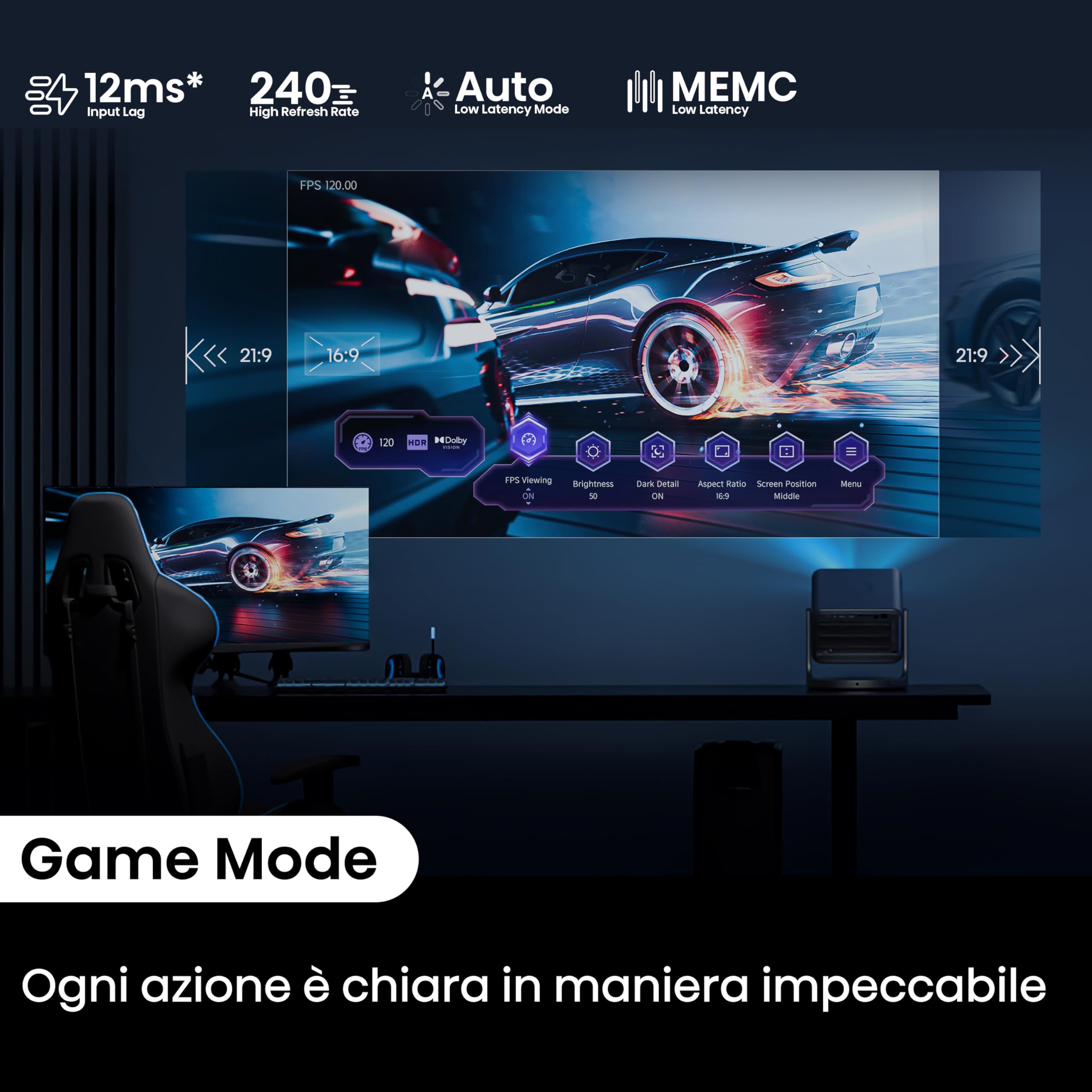Hisense Smart Mini proiettore C2, 65-300" 4K, 2000 ANSI lumen,Risoluzione 4K, Dolby Vision, HDR10+, Smart TV VIDAA U7.6, 20W audio JBL integrato