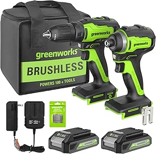 Greenworks 24V Cordless Drill Impact Driver Combo kit, 1/2” Drill & 1/4” Hex Impact Driver Brushless Power Tool Kit, Inclu...