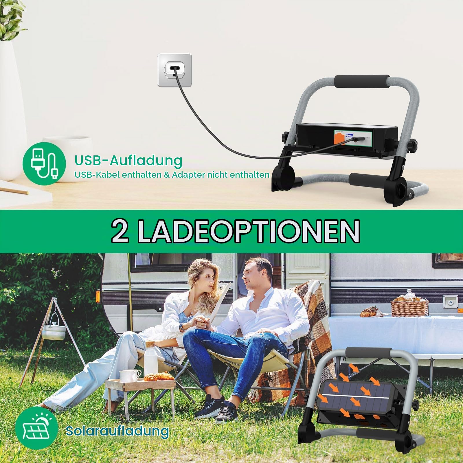 ERAY Solar 10000LM LED Baustrahler Akku 12000mAh mit 5 Lichtmodi | 350 LEDs, 2 Lademethoden, Timing-Funktion, Tragbarer Campinglampe und Arbeitsleuchte für Camping, Garage, Notfall, Werkstatt