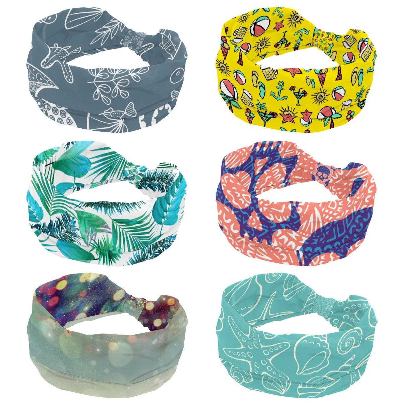 Lot de 6 bandeaux larges pour femme - Pour l'été, la plage, le yoga, l'entraînement - Bandeau doux - Antidérapants - Élastique - Pour la sueur, le yoga, l'entraînement
