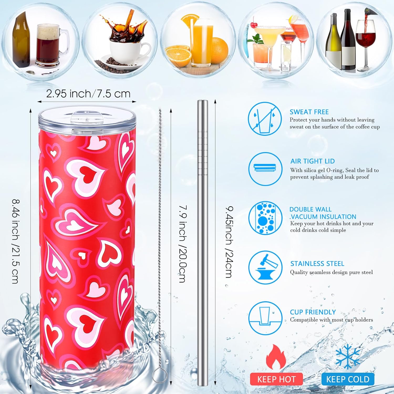 Zopeal 2 Pieces Valentine's Day Gift for Women Red Heart Tumbler Cups for Girlfriend Wife Anniversary 20 Oz Stainless Steel Double Wall Insulated Coffee Mug Water Bottle with Lid Straw and Brush - Image 2