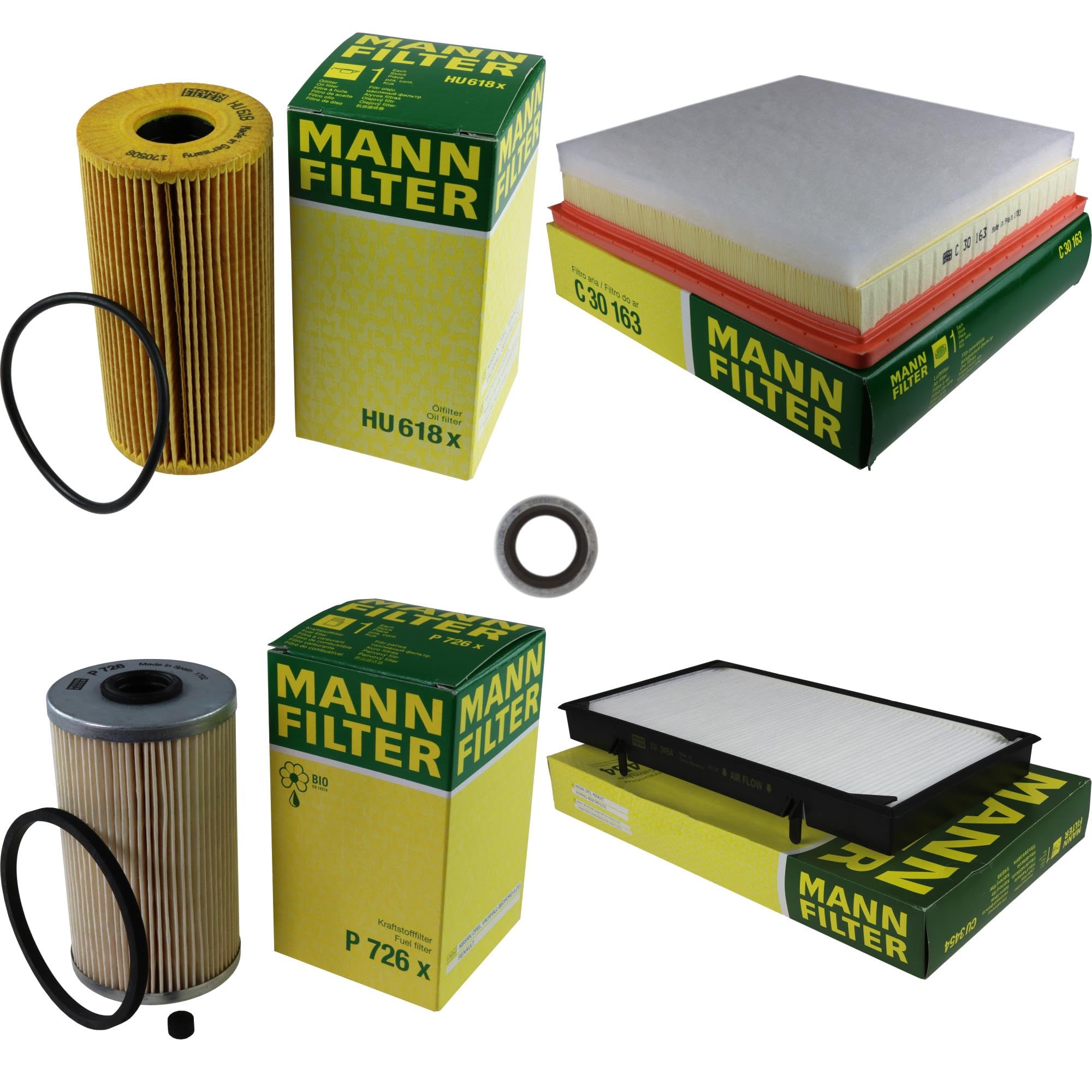 Paquete de inspección Kit de mantenimiento Filtro con filtro de aceite HU 618 x, filtro de aire C 30 163, filtro de combustible P 726 x, filtro de habitáculo CU 3454, anillo de sellado