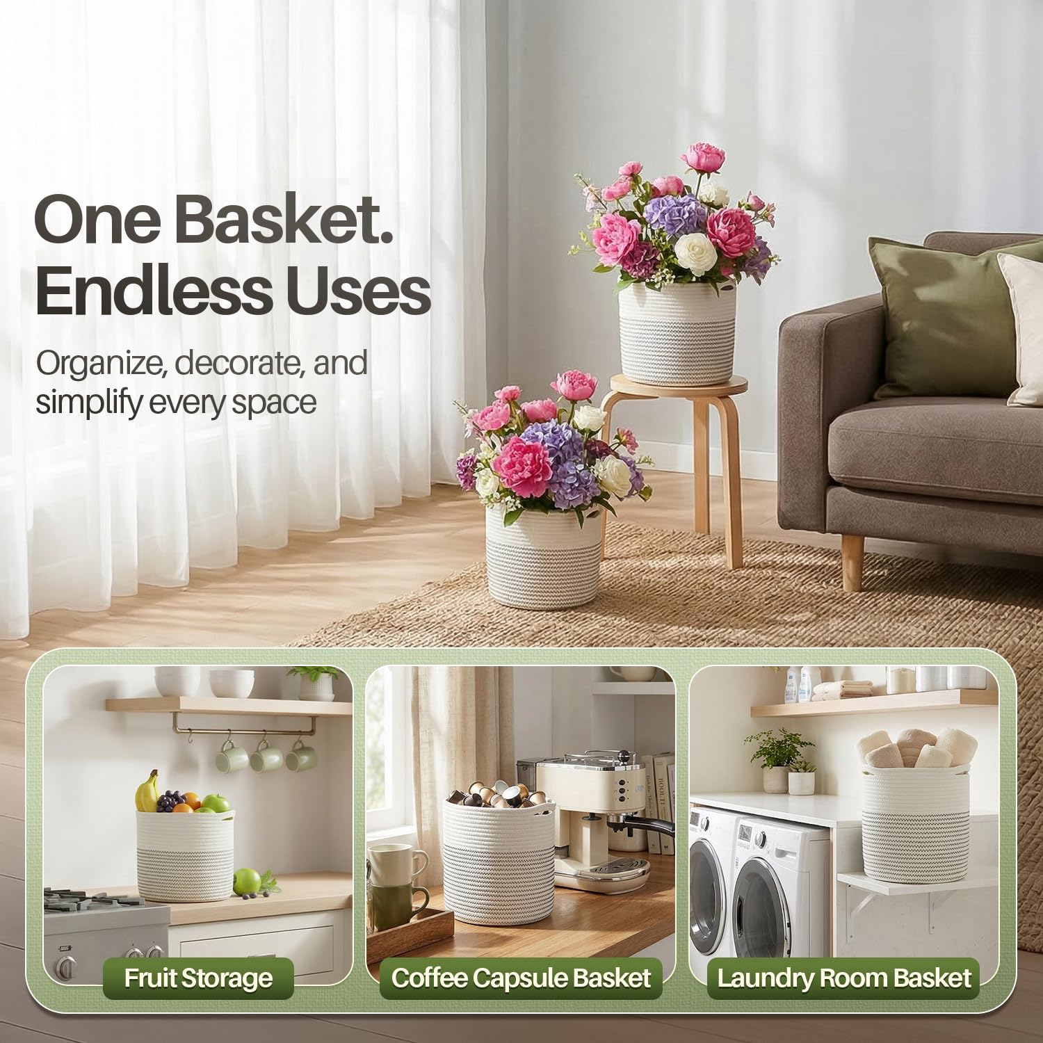 Flexzion Pflanzkorb (2 Stück) Moderner Urban Boho Baumwollseilkorb für den Innenbereich (bis zu 27,9 cm Blumentopf), Makramee, gewebter Aufbewahrungskorb mit Griffen, Heimdekoration, Aufbewahrung,