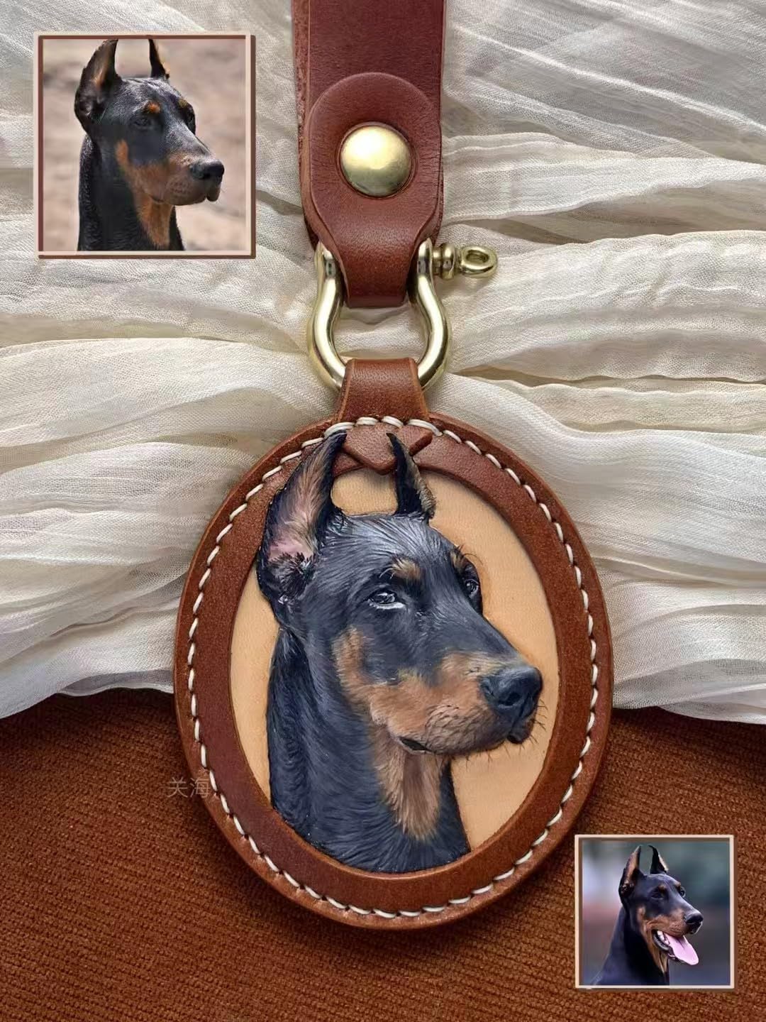 Custom Pet Memorial Keychain, Brown Leather, Hand Painted Portrait, Personalized Sympathy Gift, Pet Loss Remembrance Charm for Dog Cat Lovers