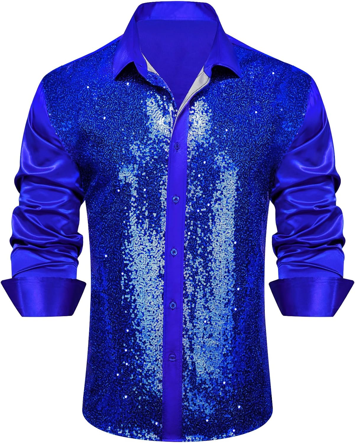Barry.Wang Mens Disco Shirt Sequins Satin Shiny Metallic Long Sleeve Button Down Shirts 70s Vintage Cocktail Nightclub Rock - Image 5