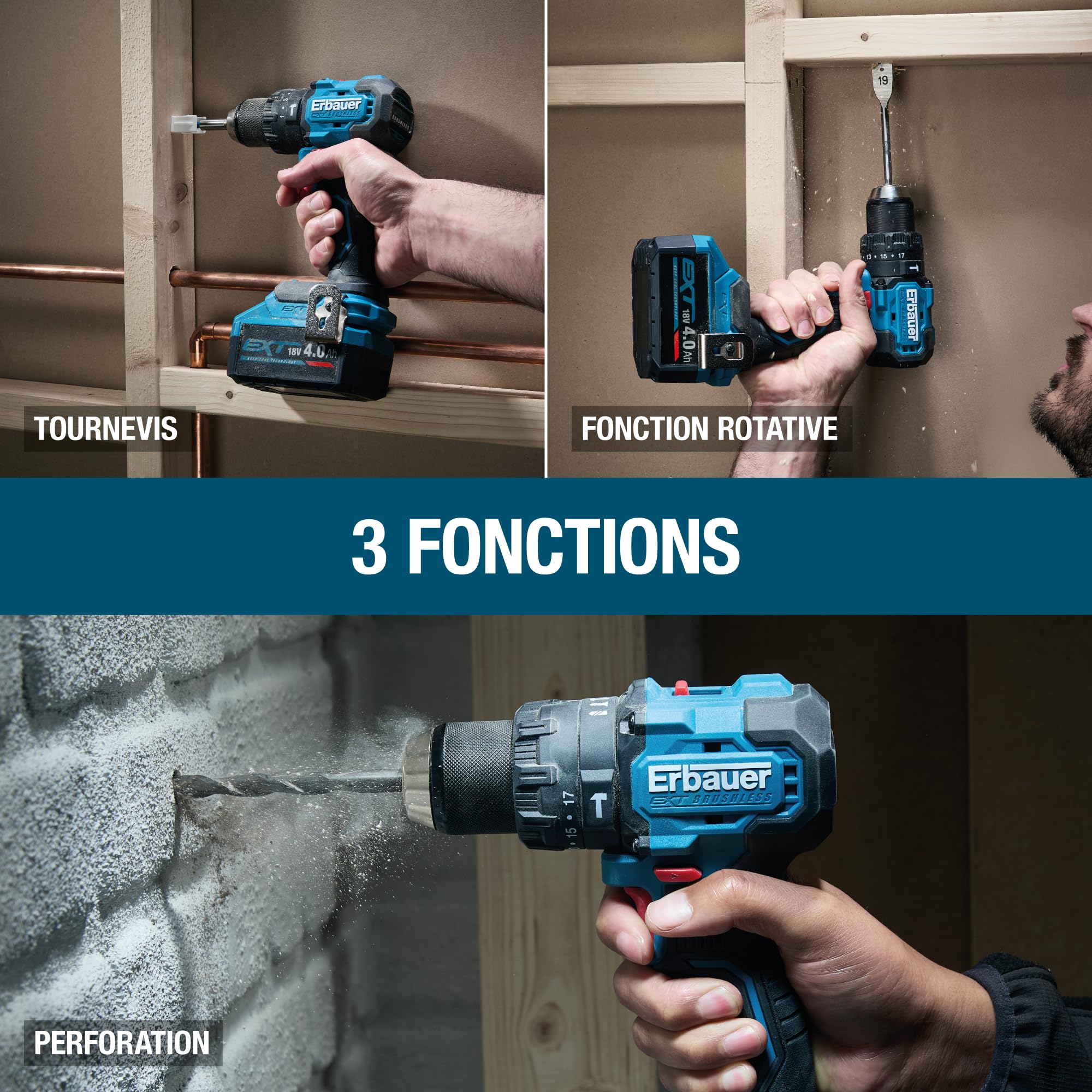 Erbauer Perceuse Visseuse Percussion Sans Fil, Brushless,18V