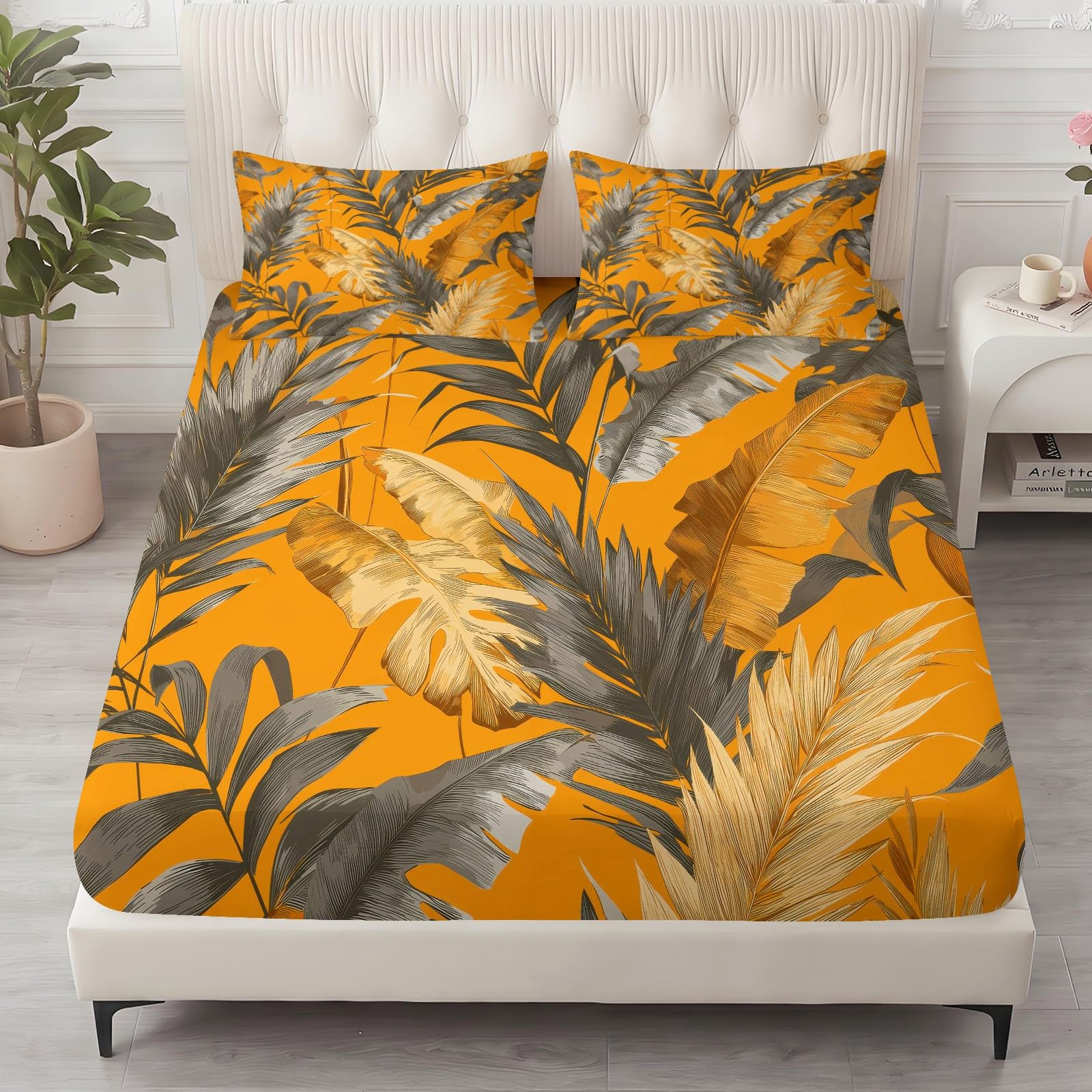 Juego de sábanas bajeras ajustables de 3 piezas, 90 x 200 cm, diseño retro de hojas tropicales de microfibra, suave y acogedora, con 2 fundas de almohada de 80 x 80 cm, colchones de hasta 30 cm
