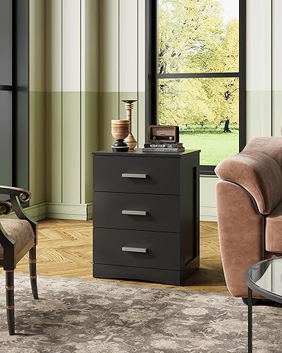 Miniatura 5 de WLIVE Mesita de noche negra con 3 cajones, pequeña mesita de noche de madera, mesa auxiliar de cama para dormitorio, sala de estar, dormitorio,