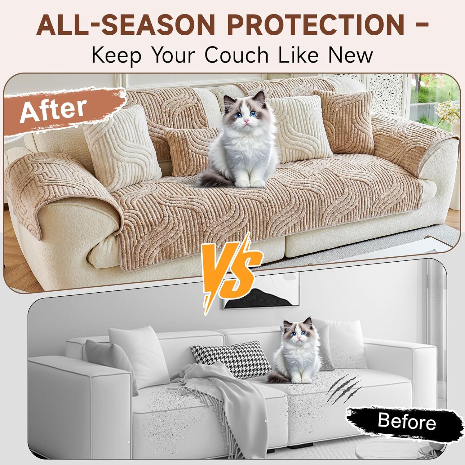OTOB Sofa Covers Dog Couch Cover Washable, Fuzzy Plush Sofa Slipcovers Furniture Protector, Non Slip Pet Couch Covers for 3 Cushion Couch Sofa, All Seasons, 1 Piece (Coffee, 35.4"x82.7")