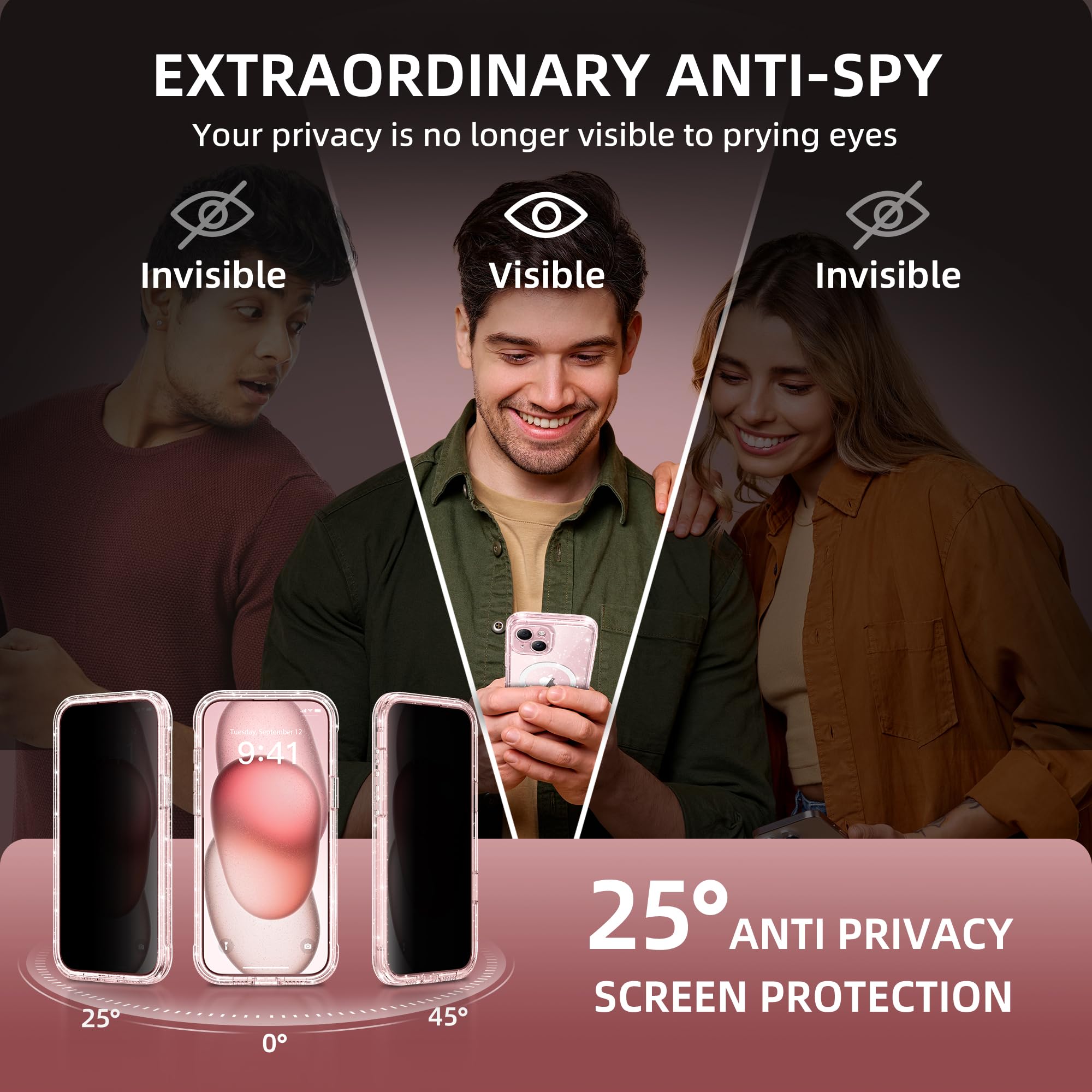 TIESZEN Custodia per iPhone 15, compatibile con MagSafe, protezione dello schermo privacy integrata e protezione della fotocamera, anti spia completa, antipolvere, antiurto, custodia rigida da 6,1