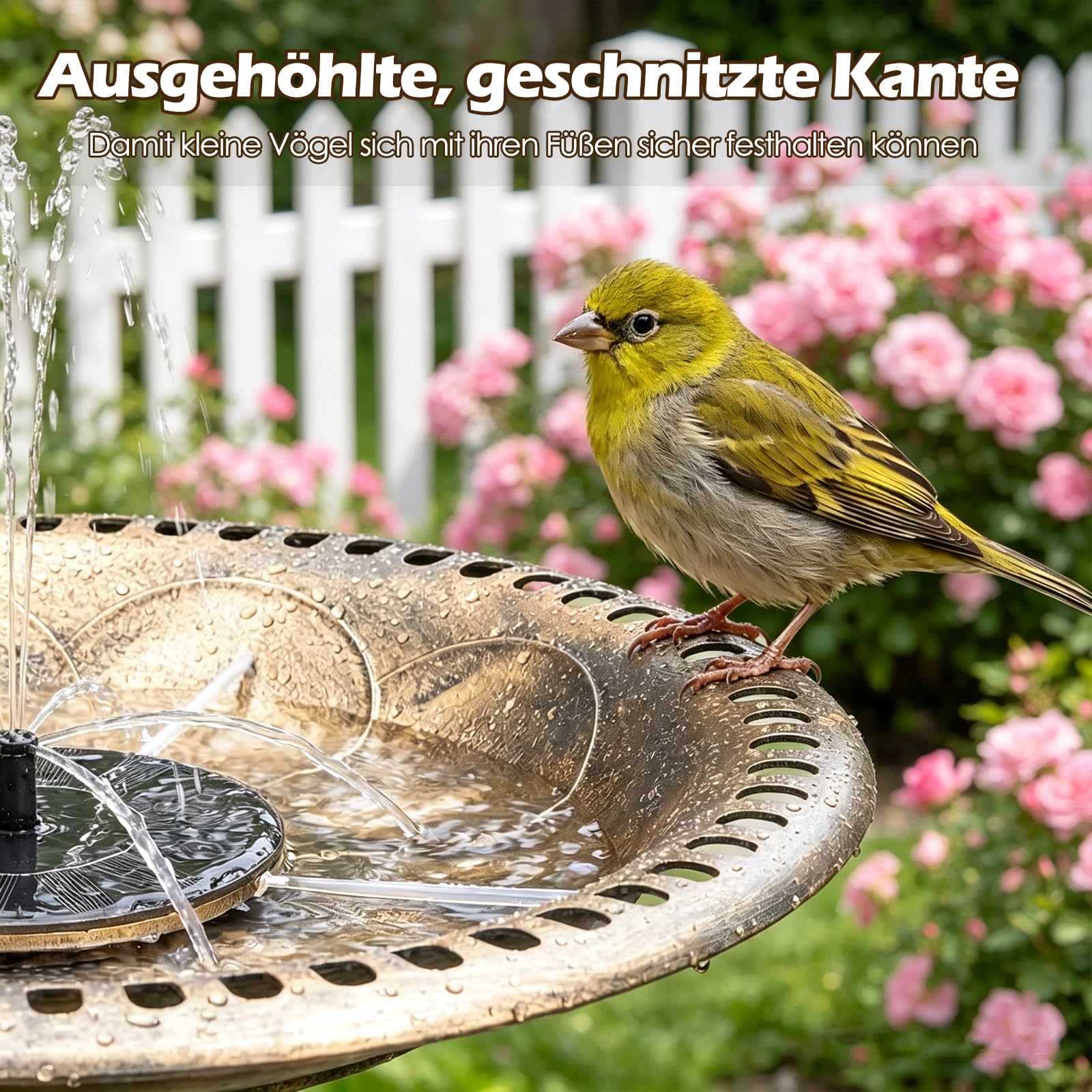 GYMAX Vogeltränke stehend, 2-in-1 Vogelbecken mit Solar-Springbrunnen, Vogelbad Garten mit Blumenkübel & befüllbarem Ständer, Vogelfutterstelle, Futterstation für Balkon & Garten