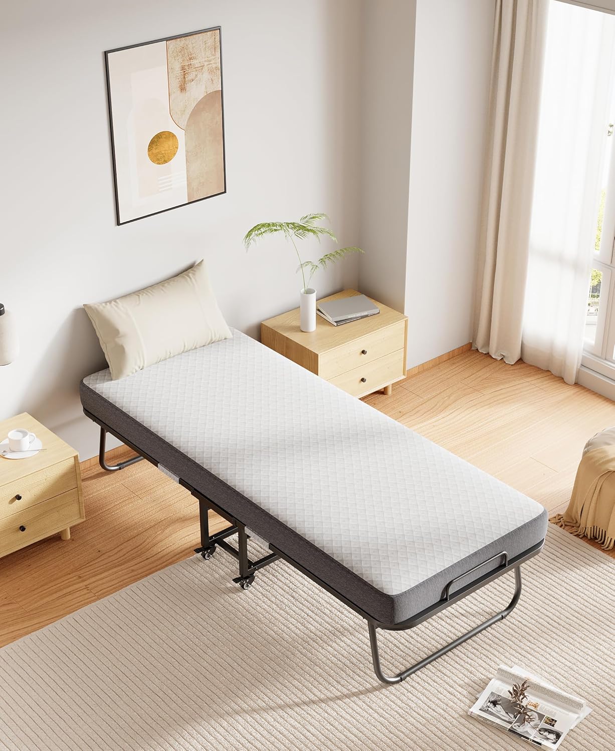 Folding Twin Bed with Mattress 75" x 46" Rollaway Guest Beds Portable Foldable Bed for Adults with 5" Memory Foam Mattress Space-Saving Sturdy Metal Frame