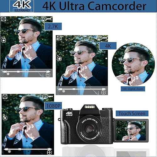 Miniatura 2 de VETEK Cámaras digitales 4K para fotografía Cámara de vlogging de 48MP con zoom digital 16X enfoque manual recargable para estudiantes Cámara