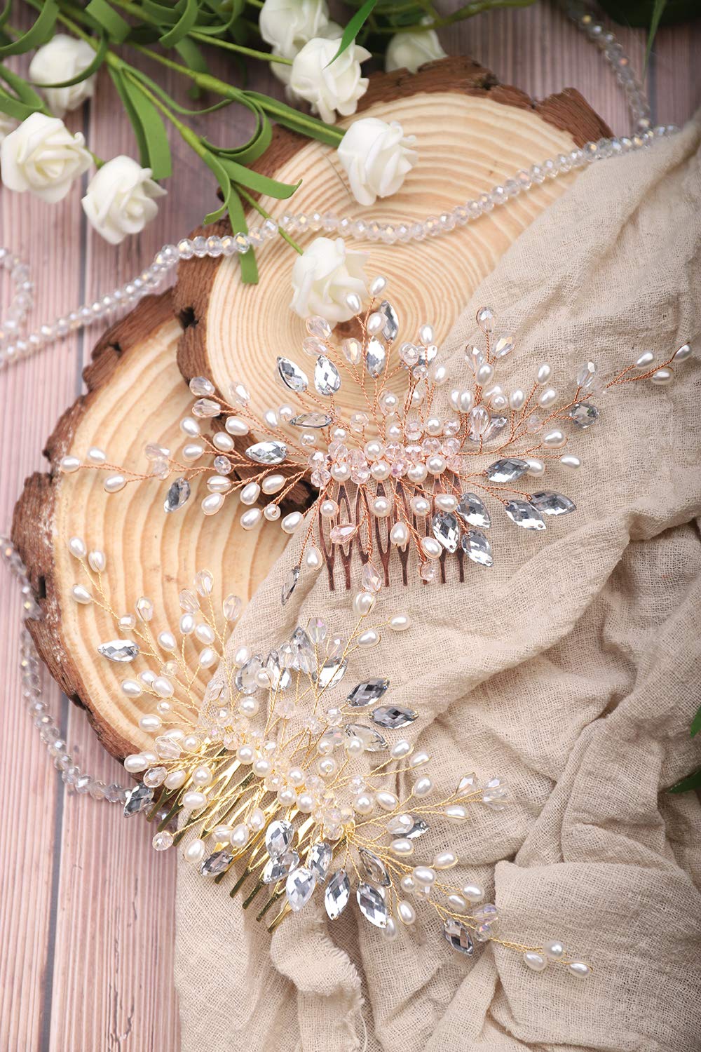 Denifery Bridal Pearl Hair Comb Wedding Hair Comb Ivory Headpiece Delicate Pearl Hair Piece Crystal and Pearl Bridal Hair Comb Wedding Accessory Rhinestone Hair Piece (Rose Gold)
