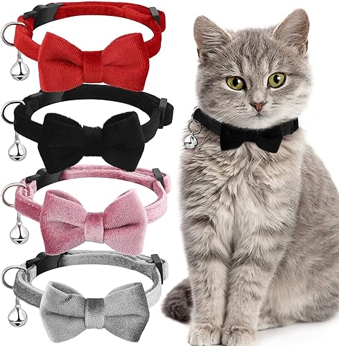 Miniatura 7 de 4 piezas de corbatín para gato con campana, cómodo terciopelo con bonito collar de seguridad para mascotas y cachorros (pequeño, rosa, rojo, morado