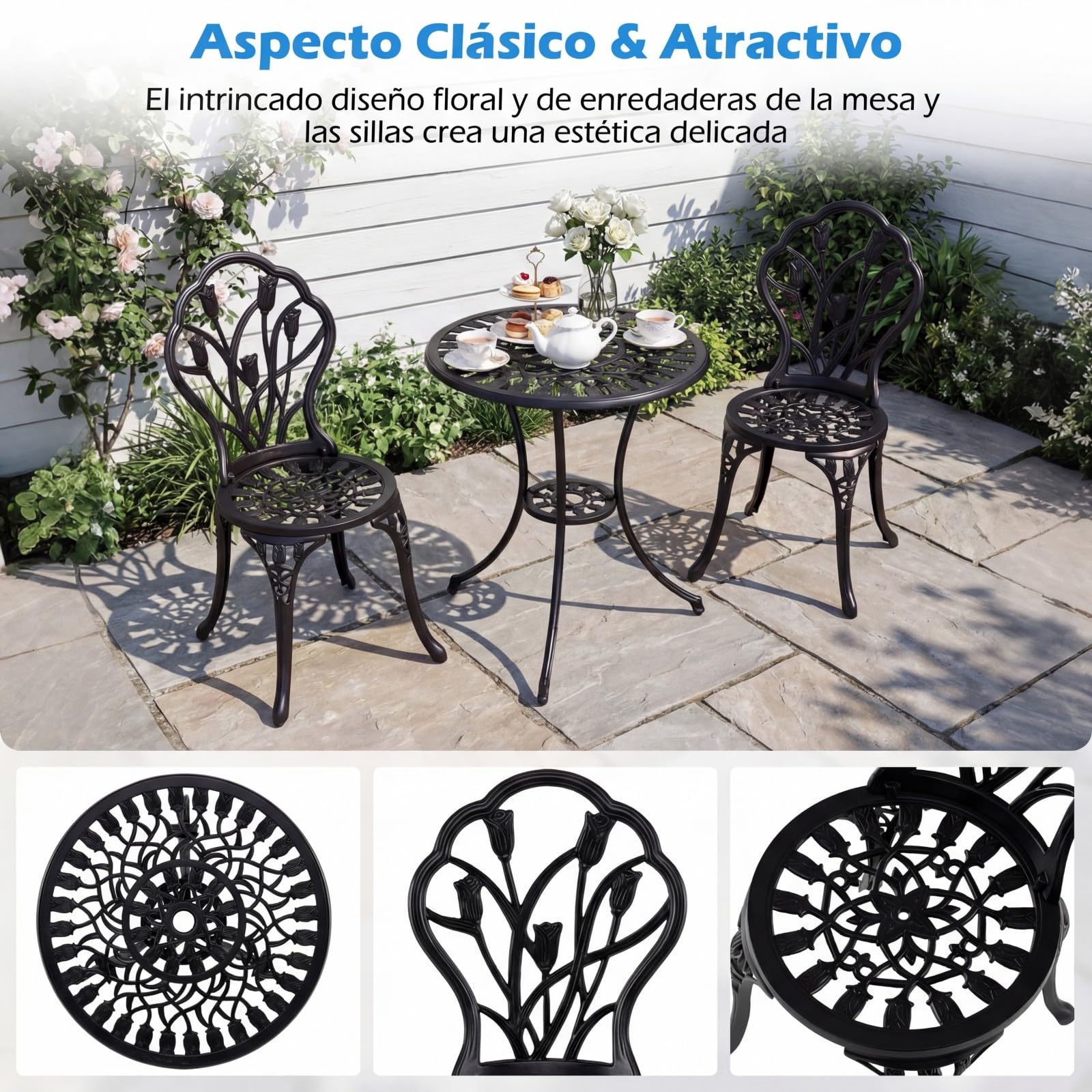 COSTWAY Conjunto Jardin Exterior de 3 Piezas, Aluminio Fundido, Mesa y 2 Sillas Jardin con Orificio para Sombrilla, Set de Bistro Balcon Terraza Espacios Pequeños, Diseño de Tulipán, Vintage