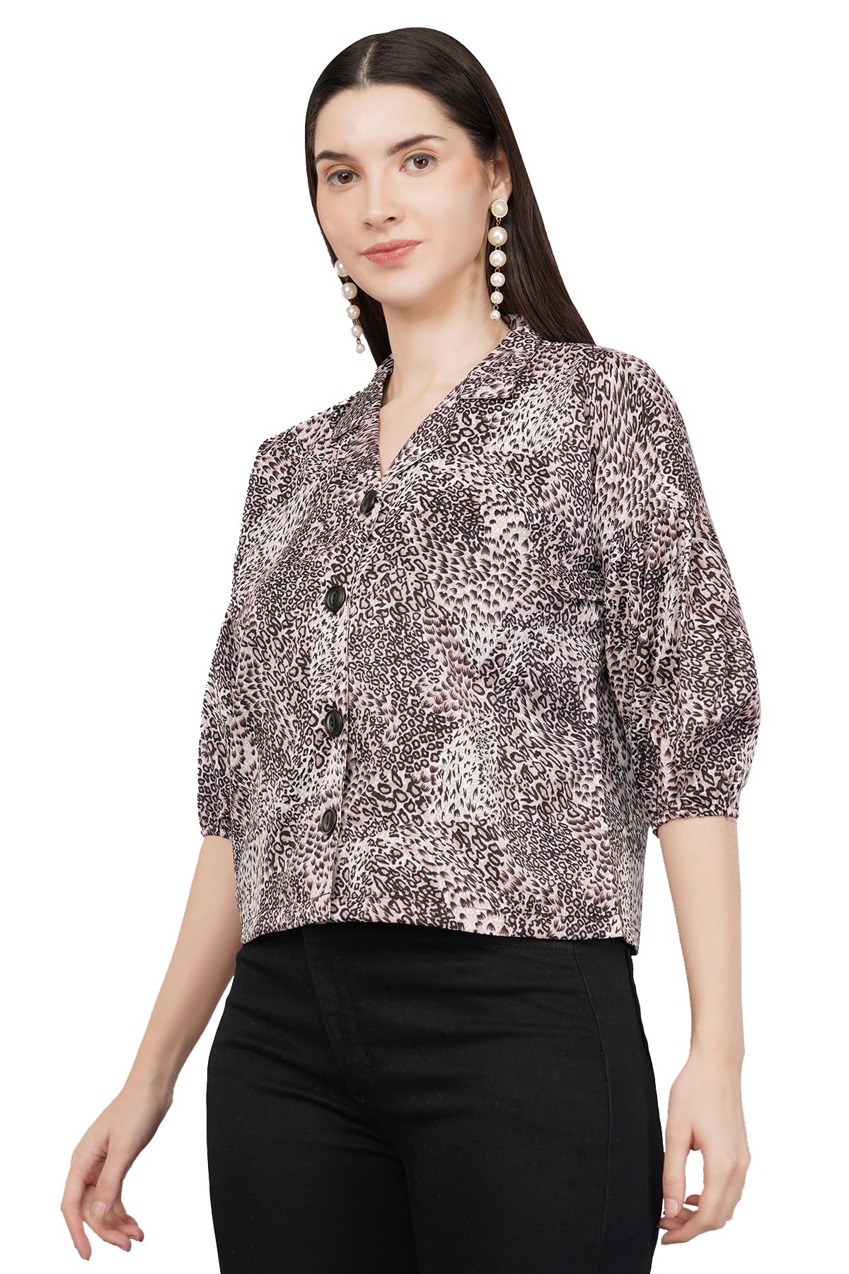Women Printed Oversized Lapel Collar Casual Crop Shirt-picture-35