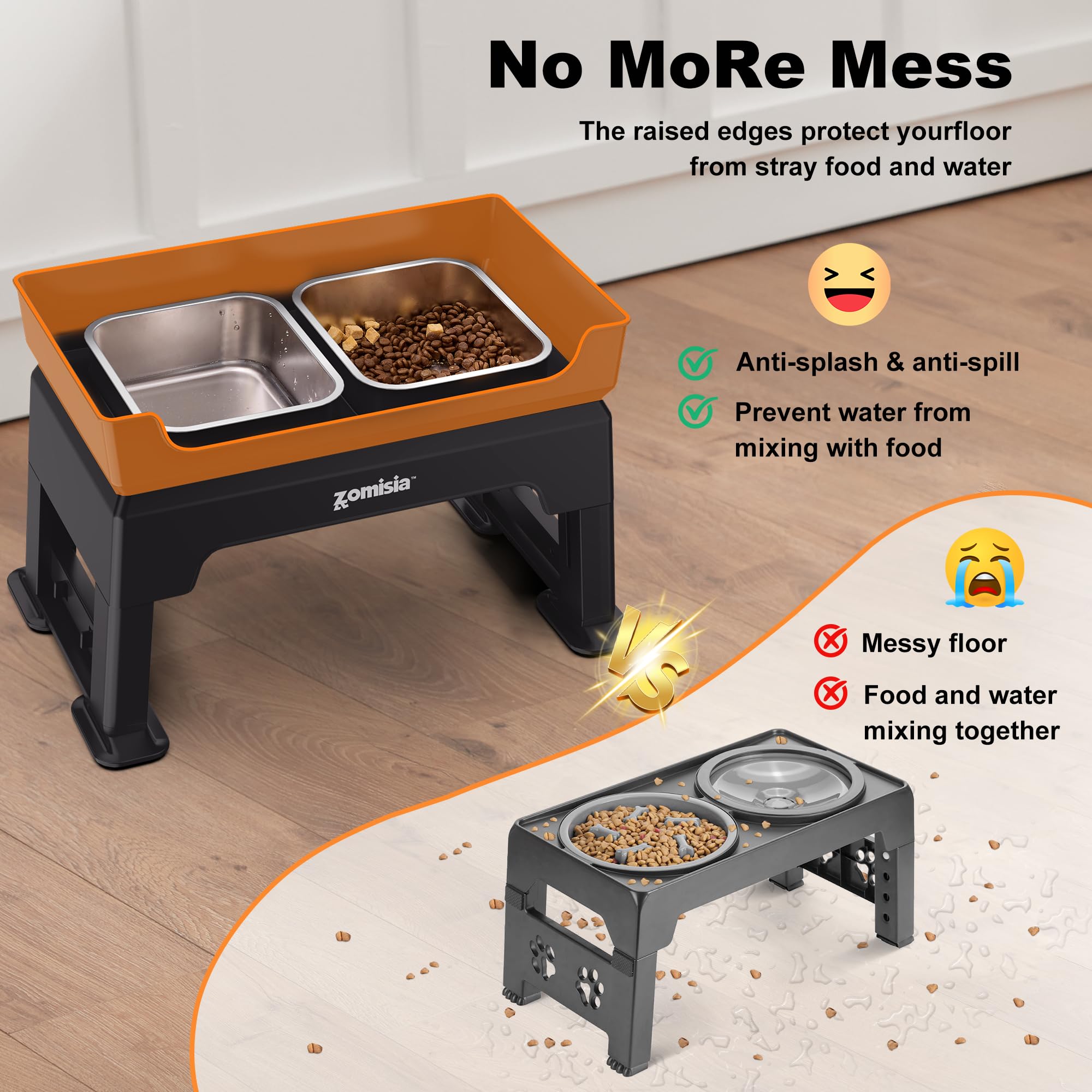 ZOMISIA 3-en-1 Comedero Perro Elevado – 6 Alturas Ajustables 17-40cm, 2 Cuencos de Acero Inoxidable 1,6L y Antivoracidad, para Perros Pequeños, Medianos y Grandes, Plegable y Antideslizante